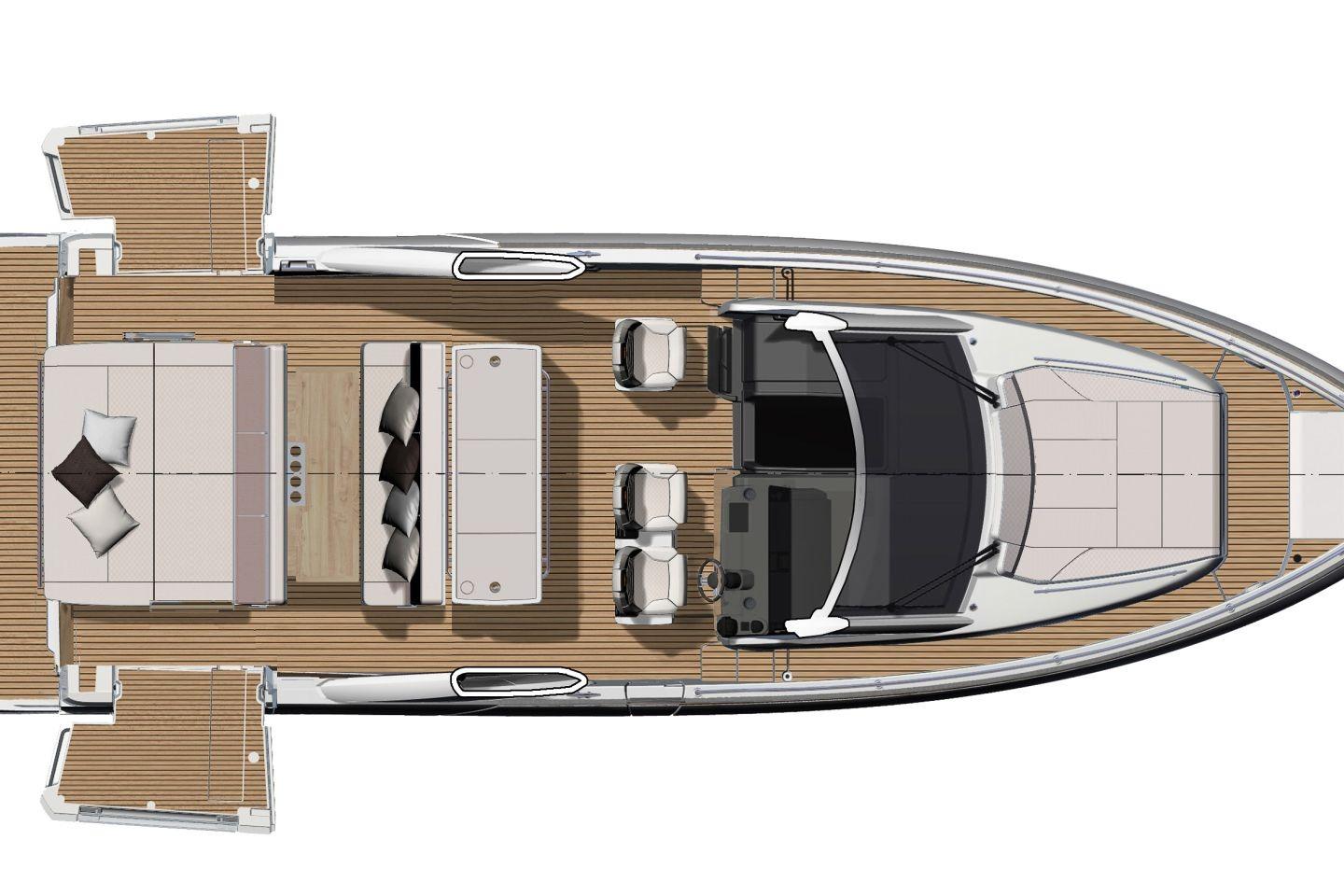 Top view of 2026 Jeanneau DB/43 IB yacht layout with spacious deck and seating.