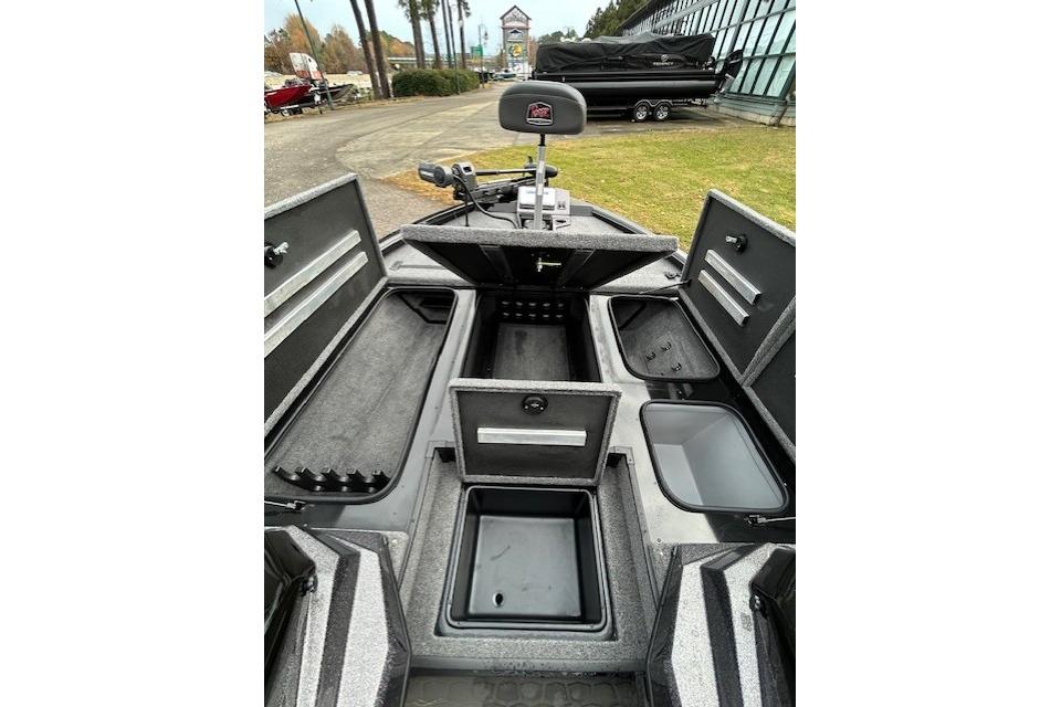 2025 Ranger ALPHA 208 boat interior with open storage compartments and seating.