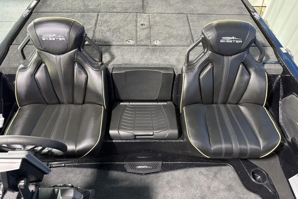 2026 Skeeter ZXE21 boat interior with black leather seats and sleek design.