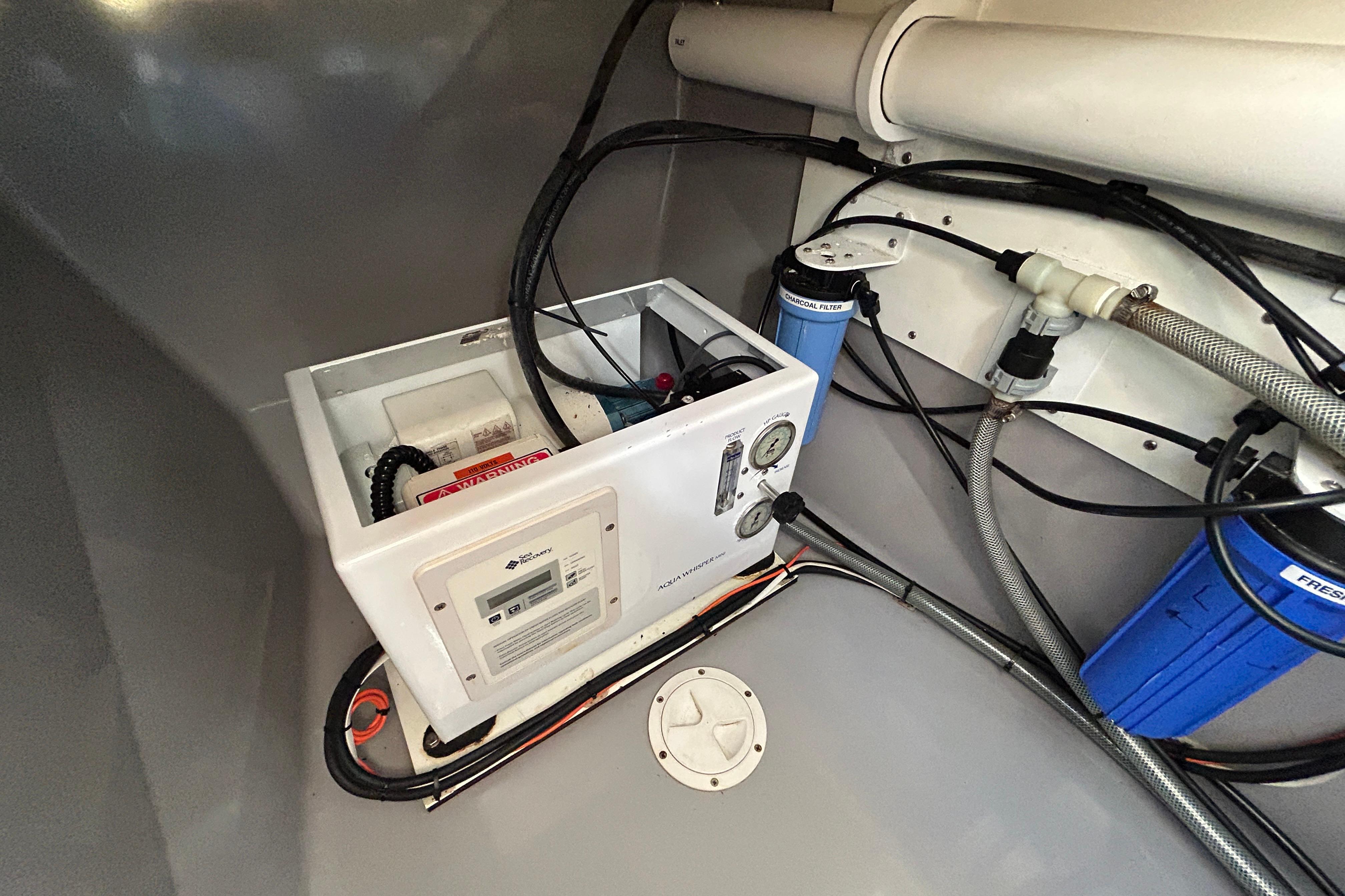 Leopard 45 yacht engine room with water filtration system, 2020 model.