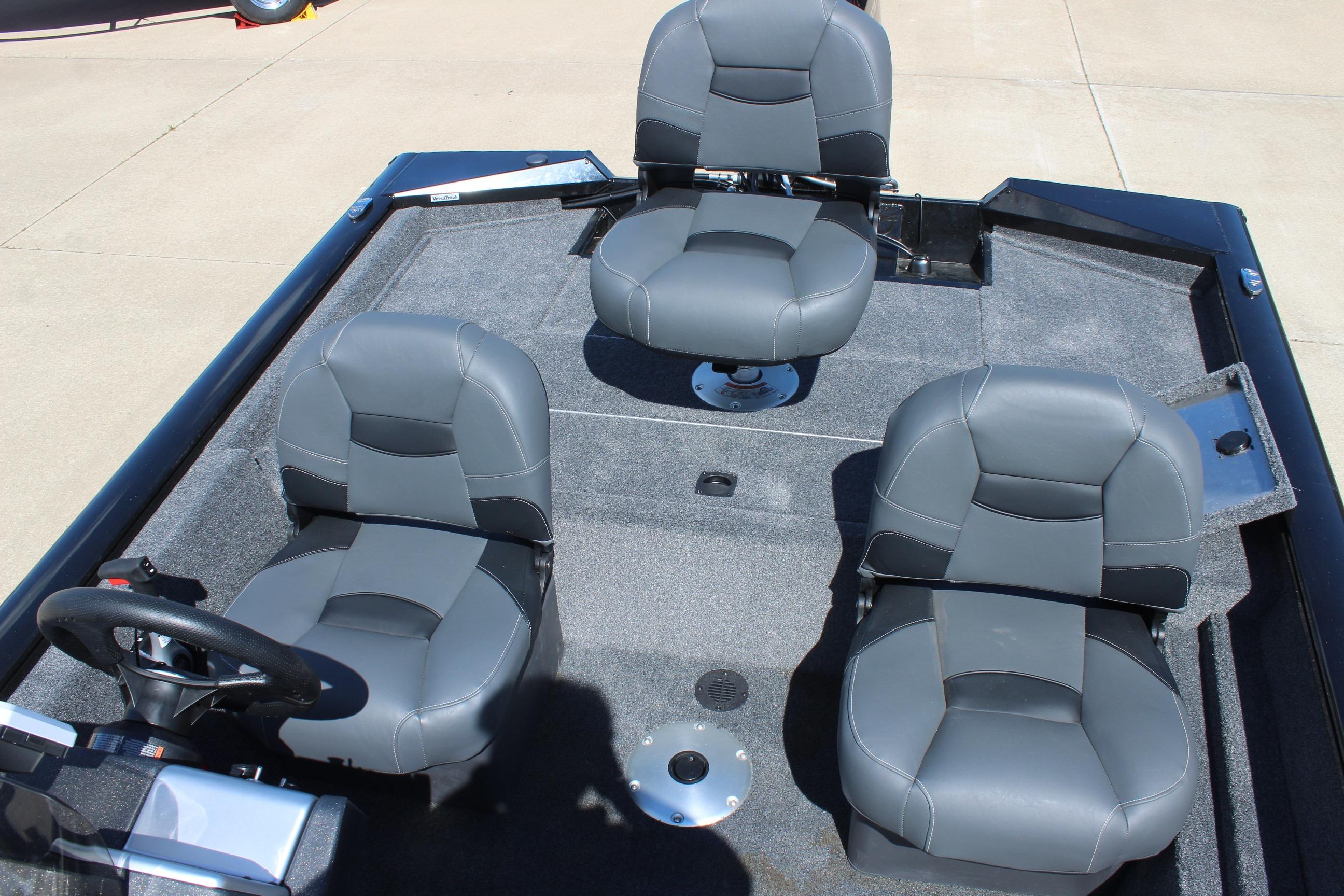 2026 Tracker Pro Team 175 Crappie Edition boat interior with four gray seats.