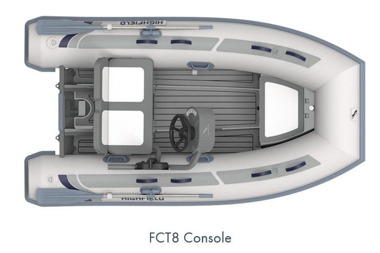2025 Highfield Classic 310 boat with FCT8 console, top view.