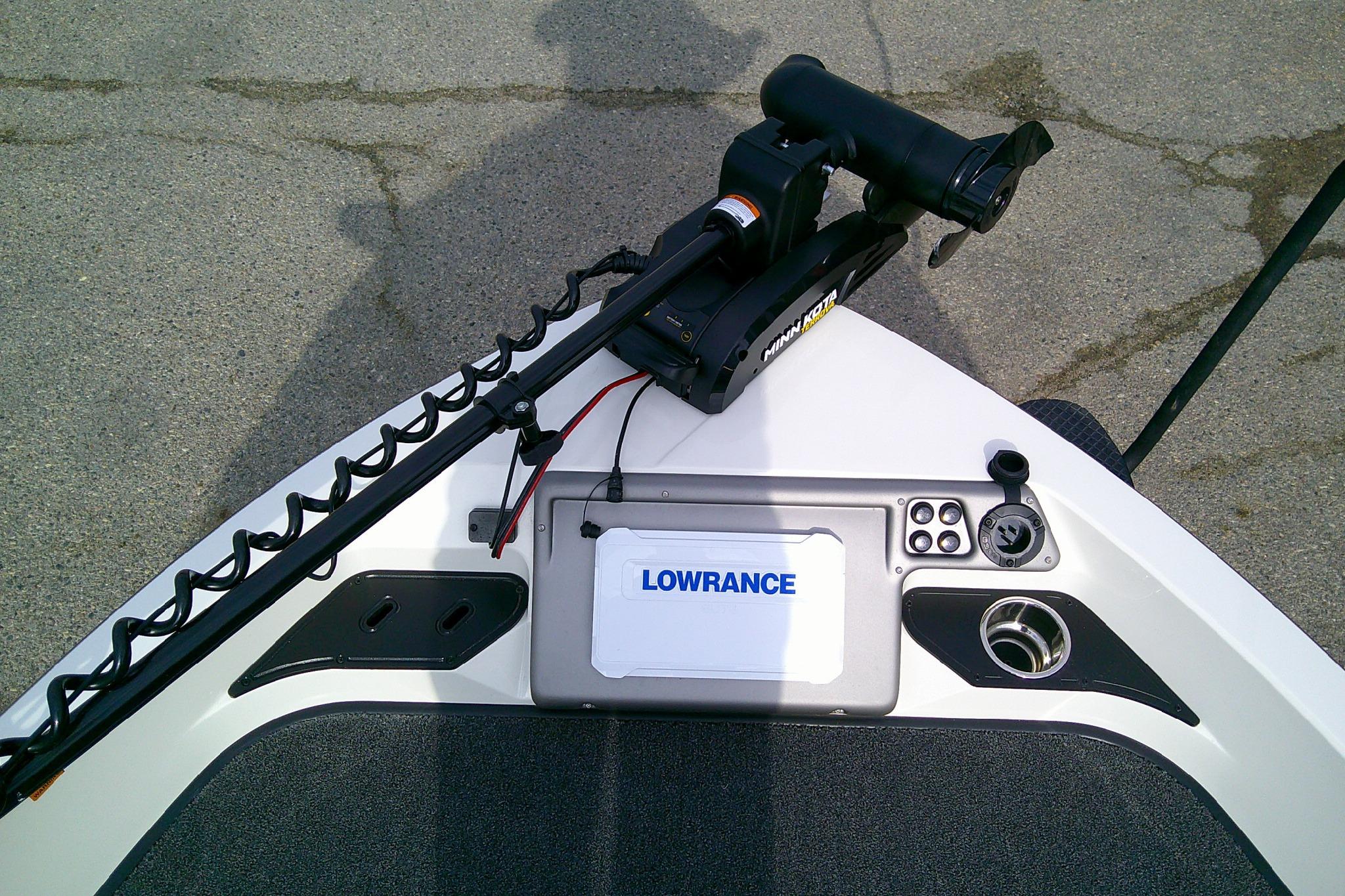 Bow of 2026 Ranger 1880MS boat with Lowrance electronics and Minn Kota trolling motor.