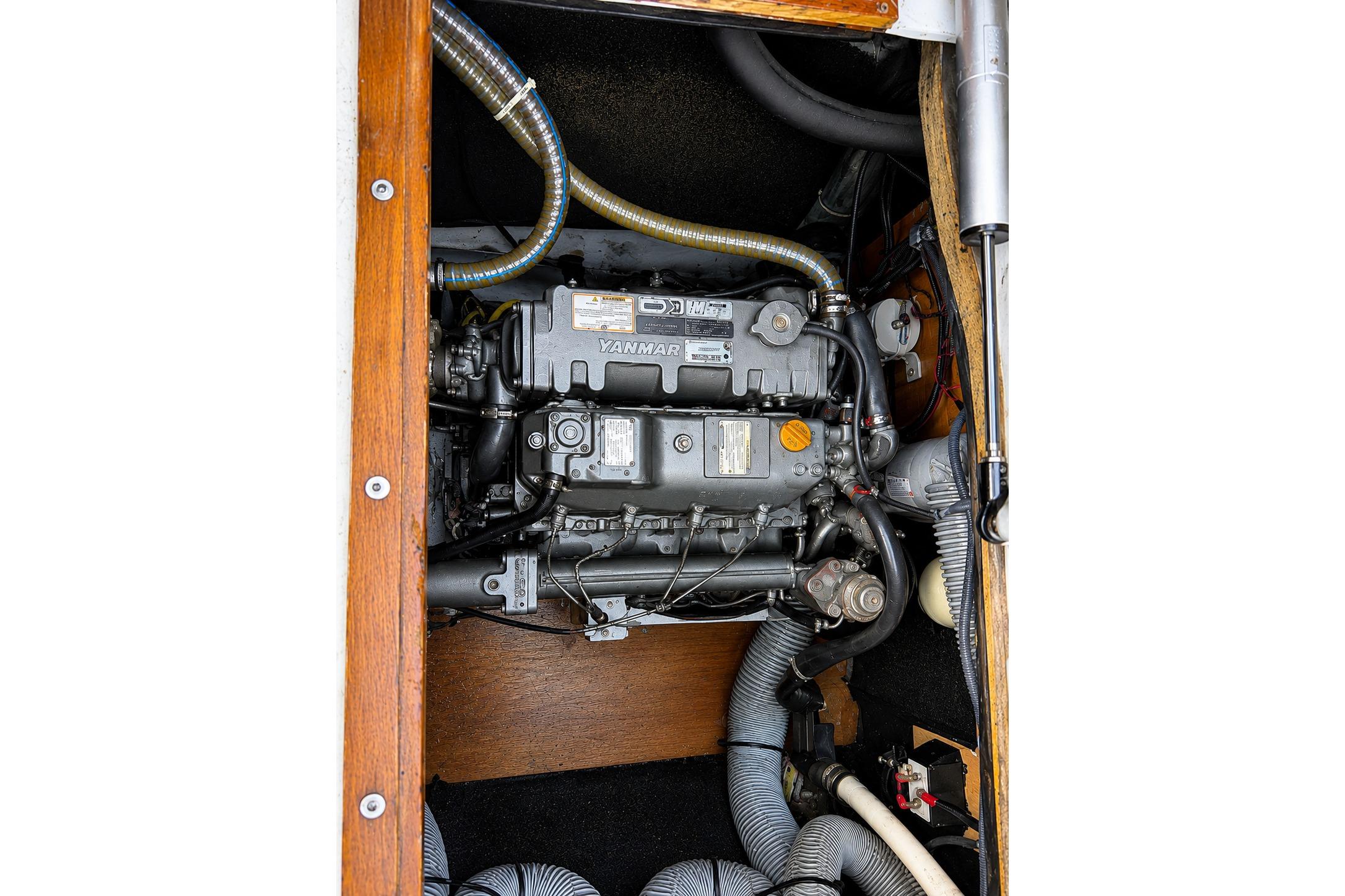 Engine compartment of a 2010 Lagoon 421 catamaran with Yanmar engine.