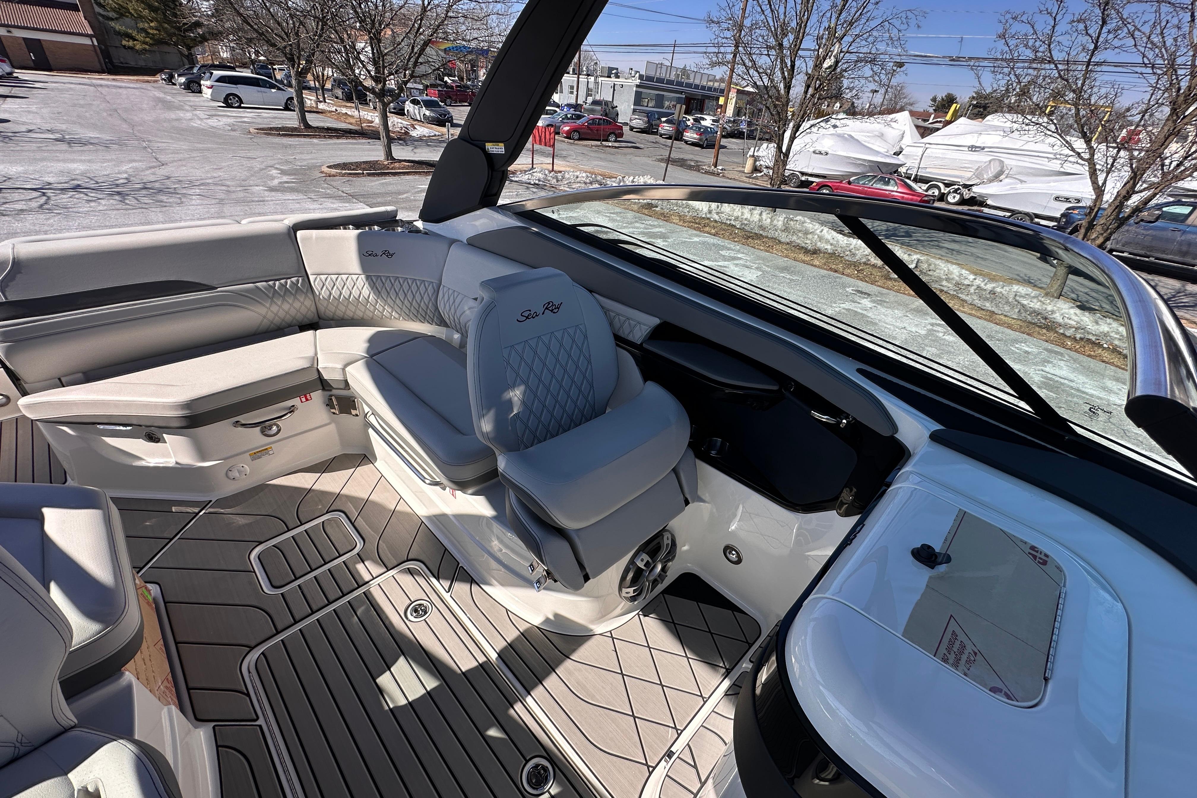 2026 Sea Ray SLX 260 Outboard interior with luxurious seating and modern design.