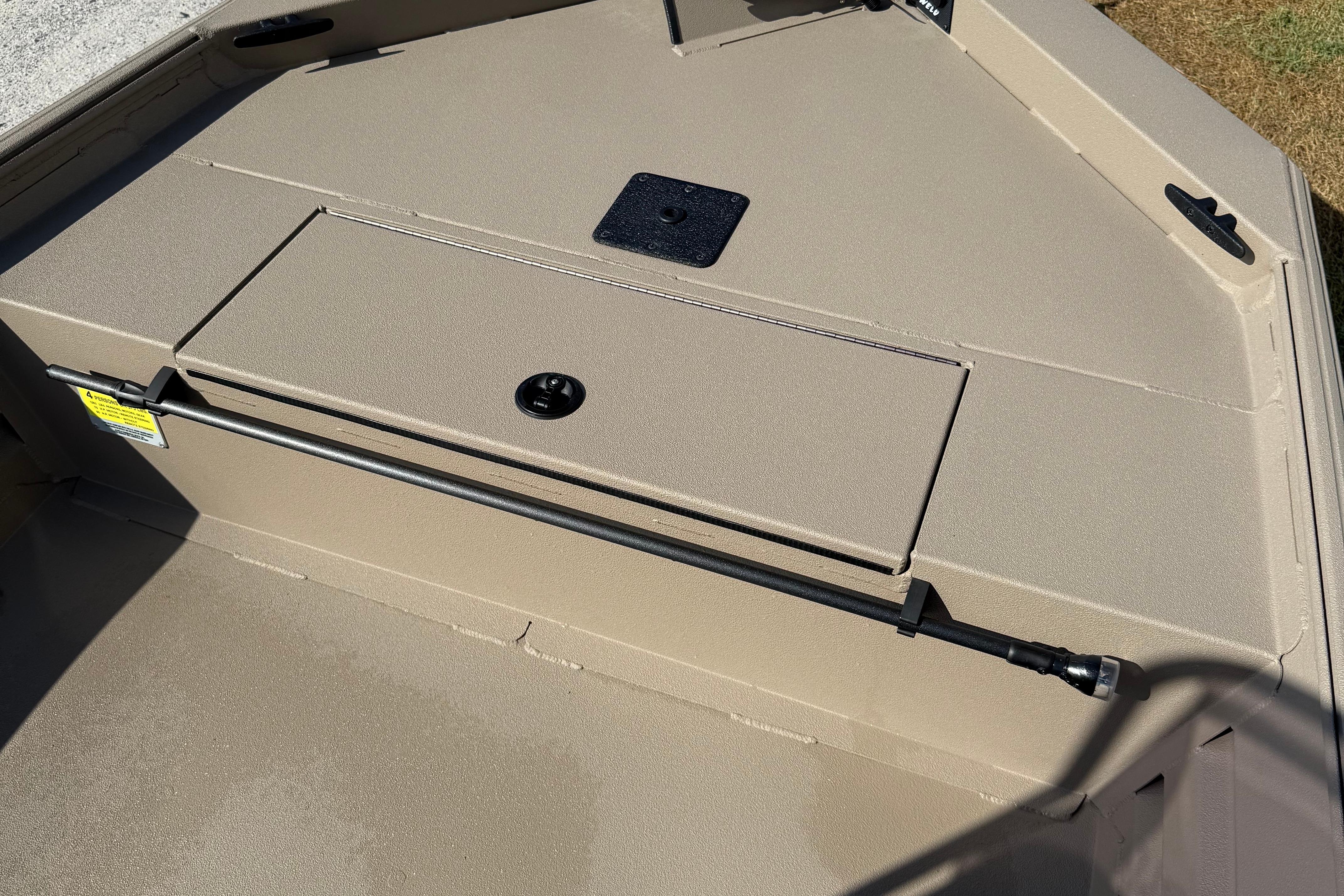 2025 Alweld 1756 V MARSH C.C. boat deck with storage compartment and rod holder.