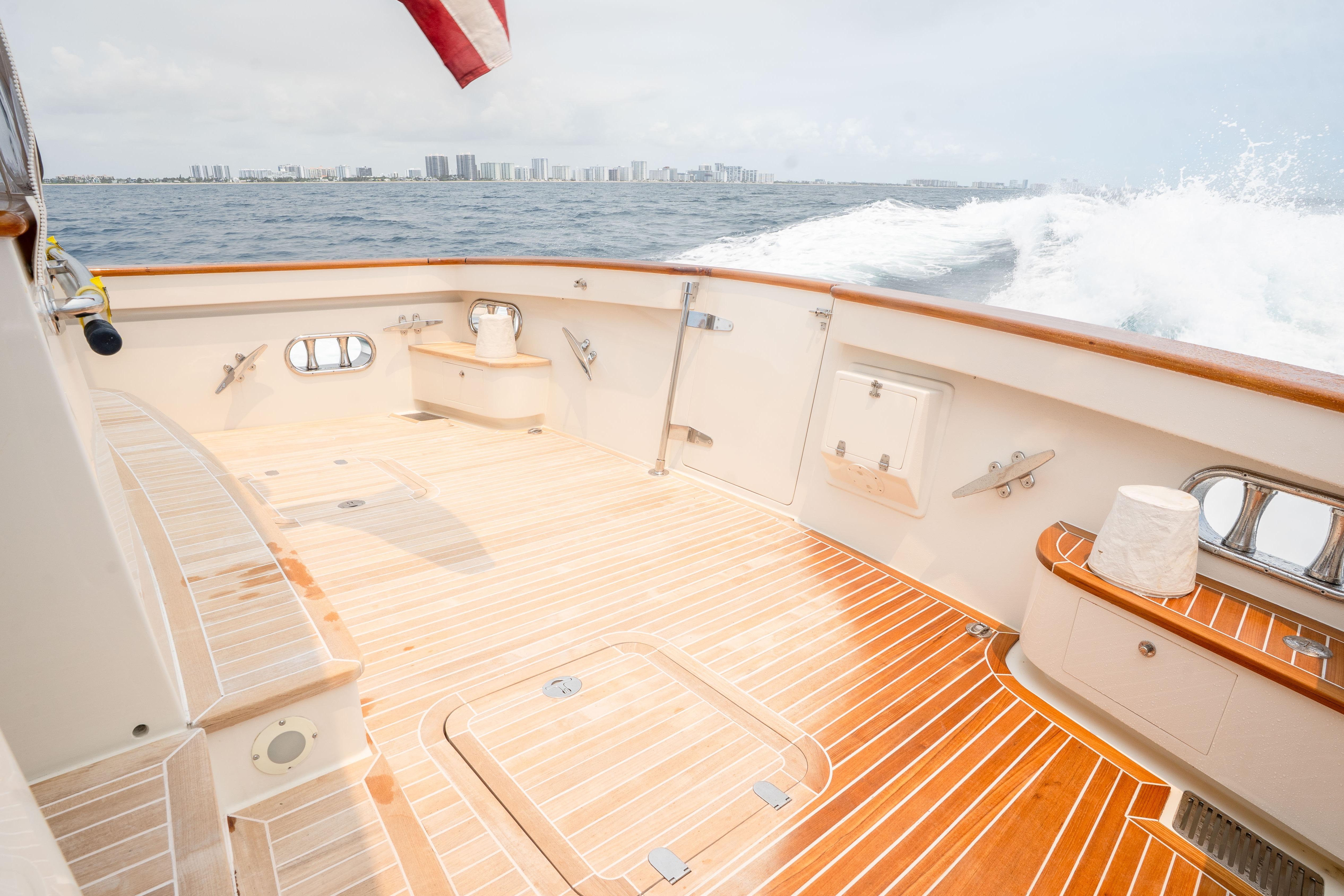 Spacious deck of 2006 Fleming 75 yacht cruising on open sea.