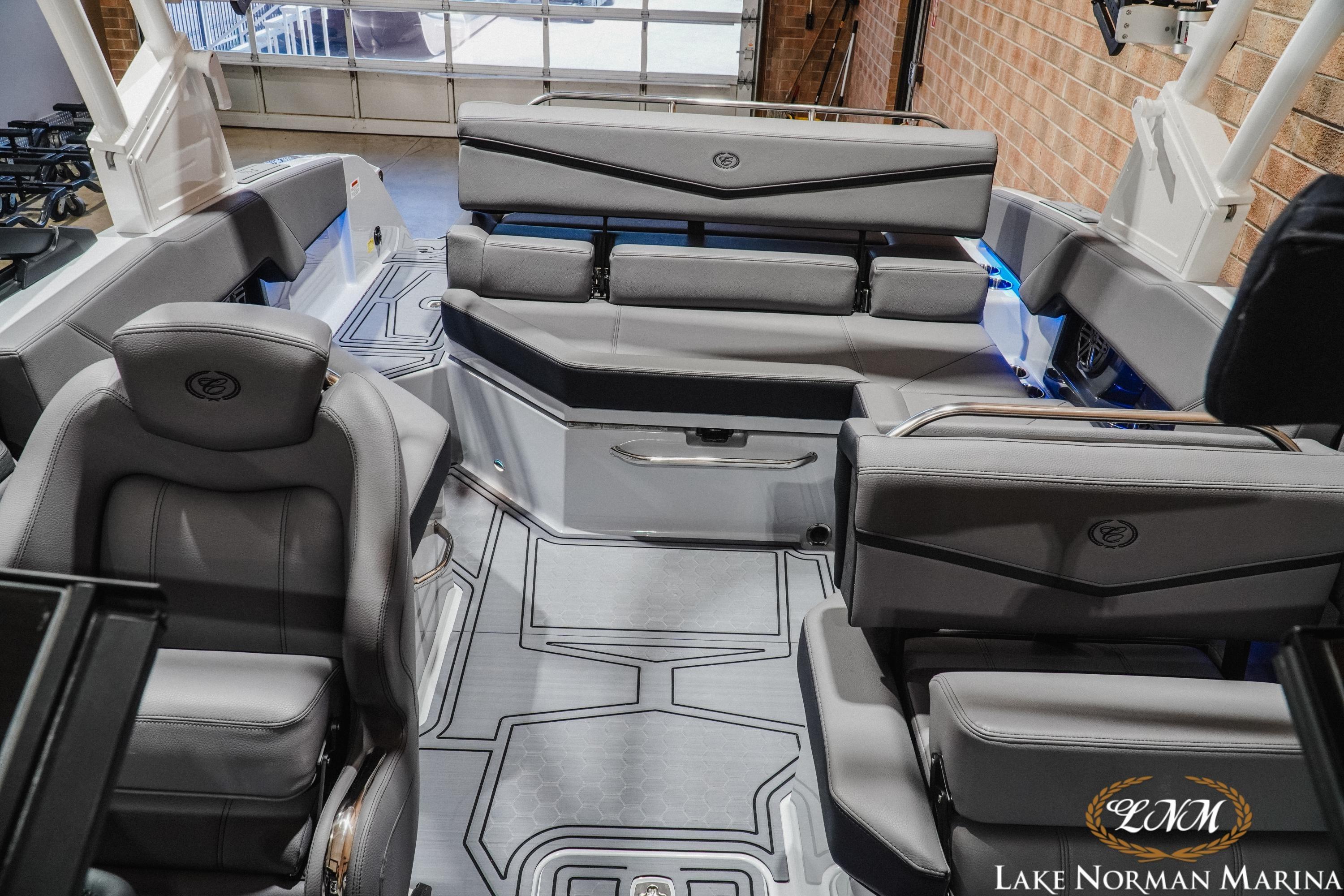 2026 Cobalt R4 Surf boat interior with luxurious gray seating and modern design at Lake Norman Marina.