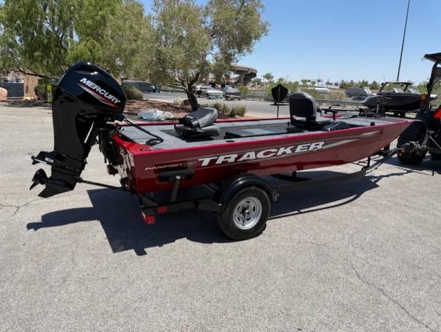 2025 Tracker Panfish 17 boat with Mercury engine, parked outdoors on a sunny day.