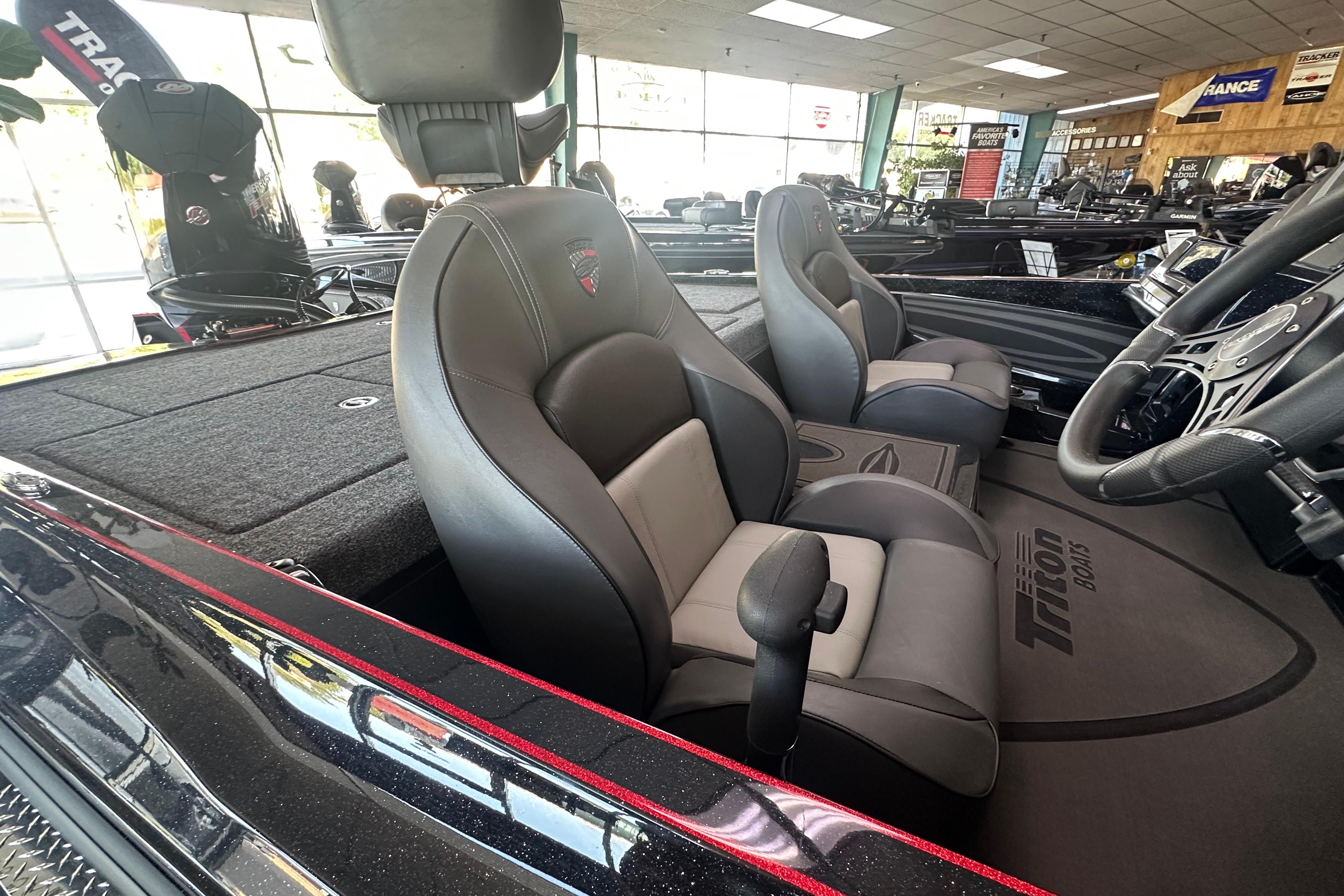 2026 Triton 20XP Patriot boat interior with sleek seating and modern dashboard design.
