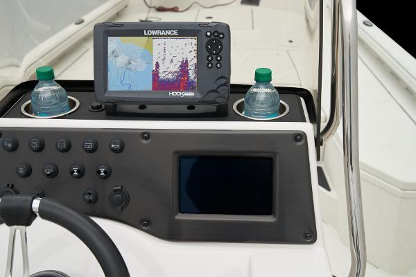 Manufacturer Provided Image: Manufacturer Provided Image: Ranger RB210 2025 boat dashboard with Lowrance fishfinder and cup holders.