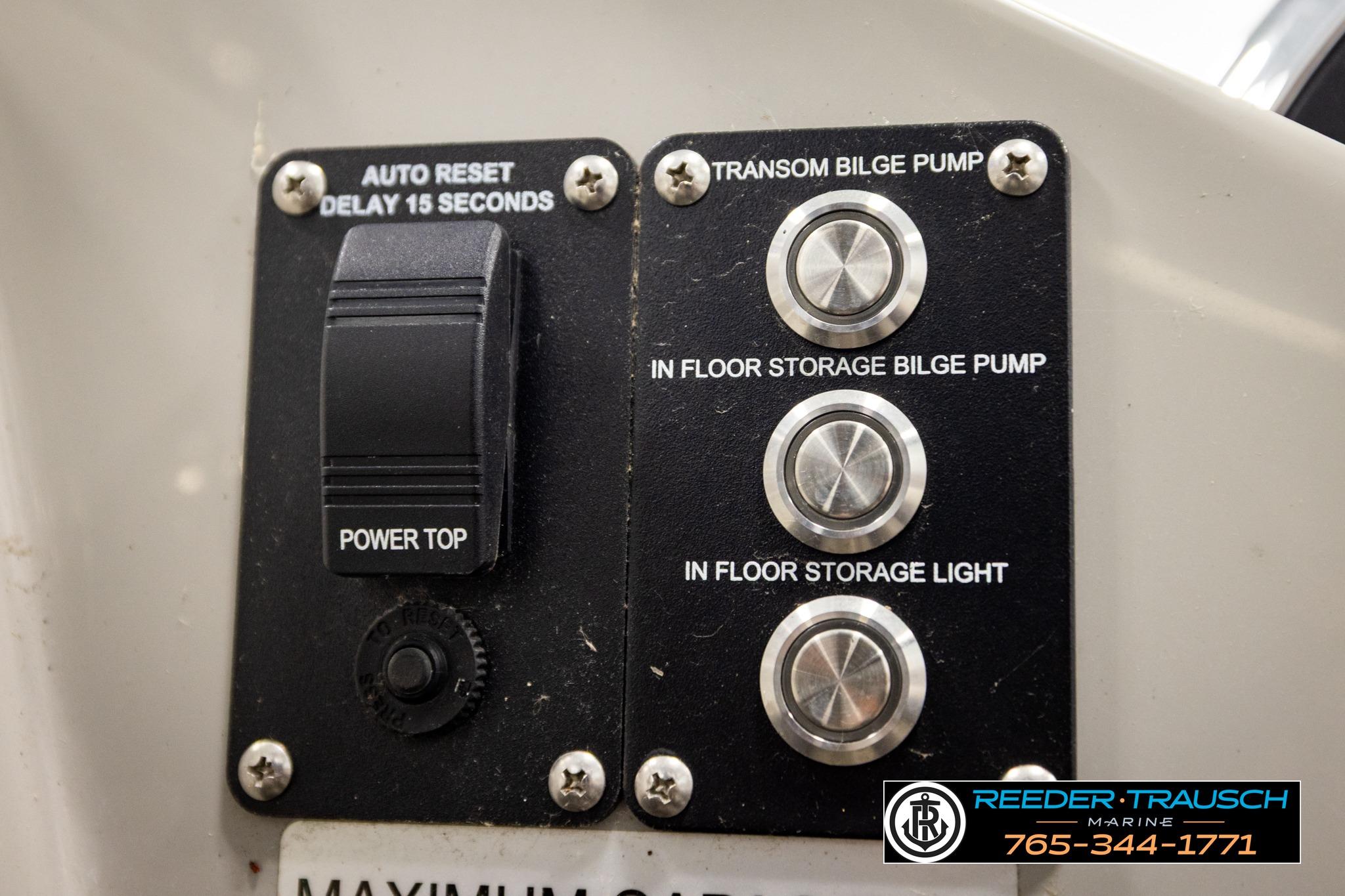 Control panel of a 2019 Manitou Oasis SR VP boat with bilge pump switches.