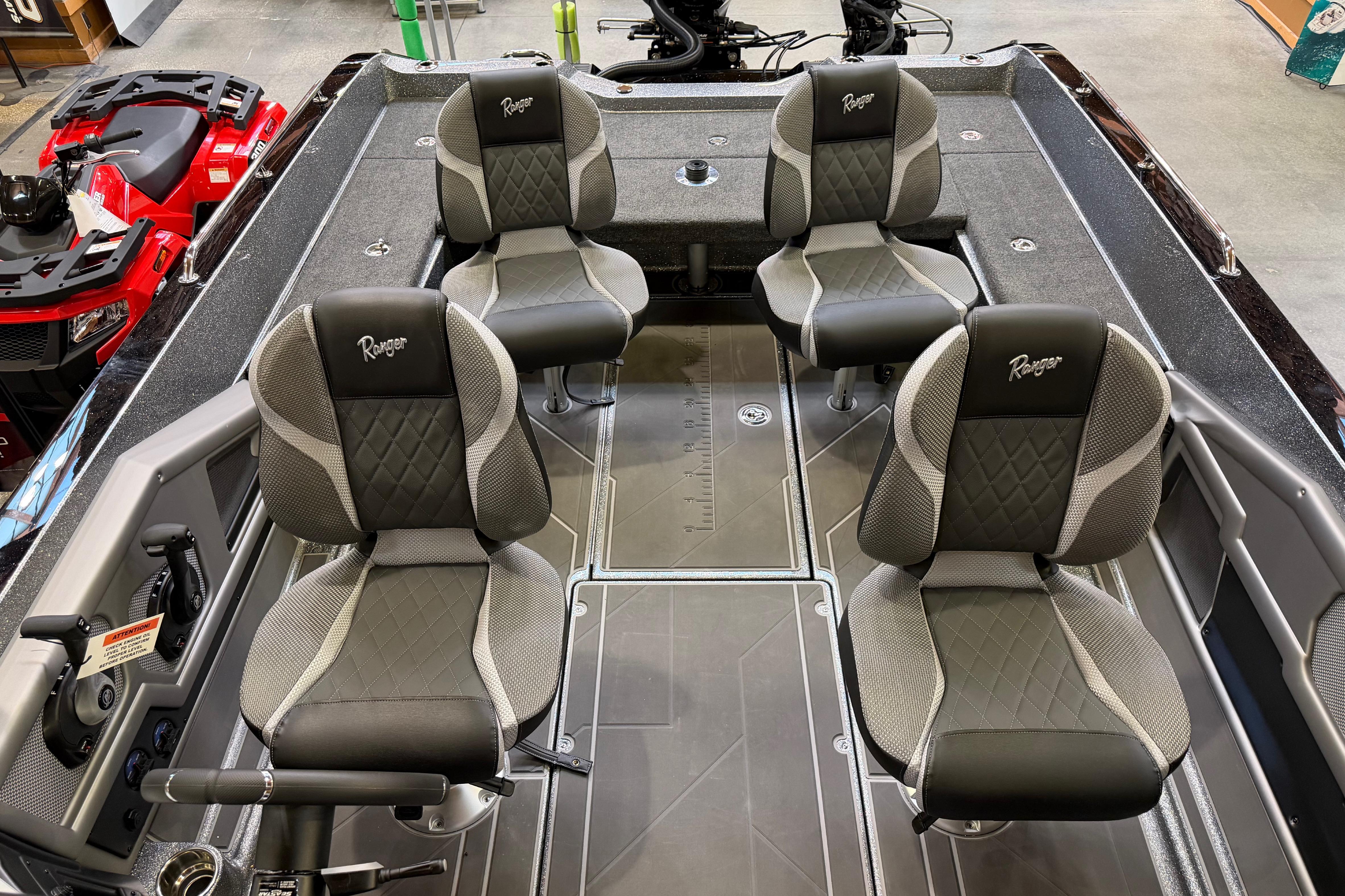 2026 Ranger 621FS Cup-Equipped boat interior with four cushioned seats and modern design.