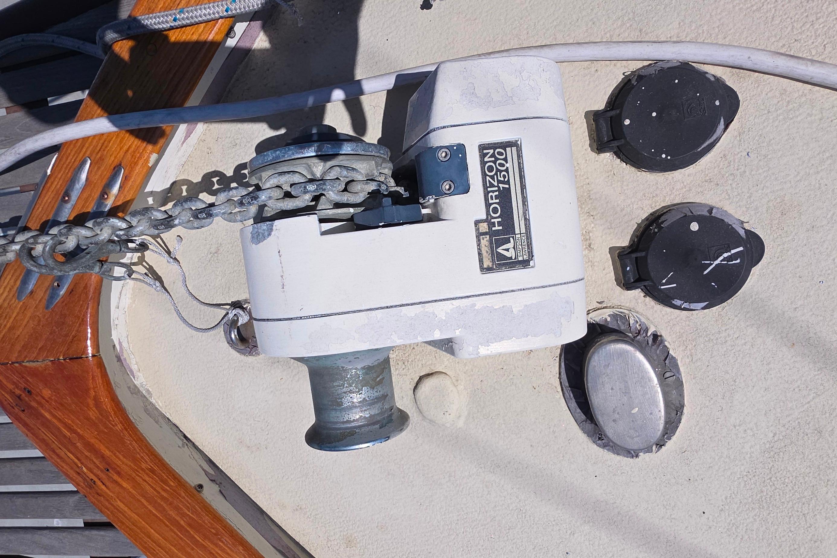 Anchor windlass on 1978 Islander Freeport 41 sailboat deck.