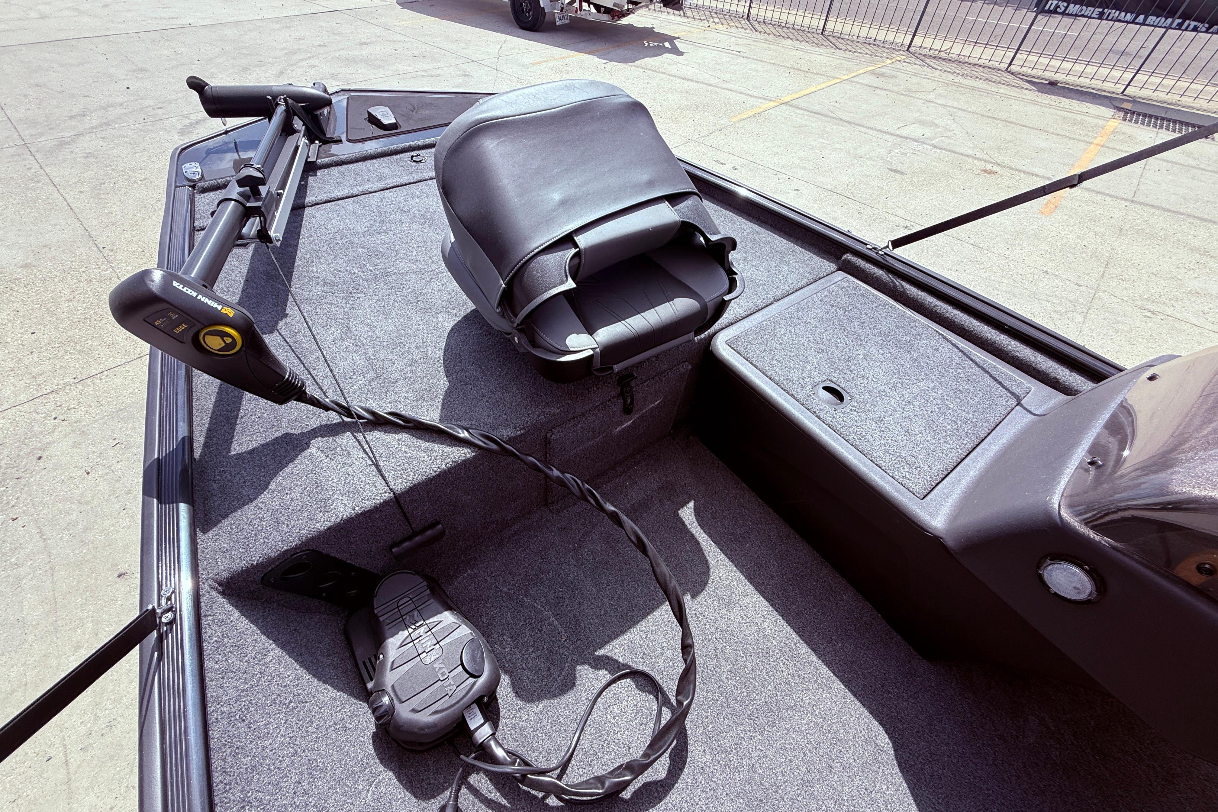 2025 Bass Tracker Classic XL boat interior with seat and trolling motor.