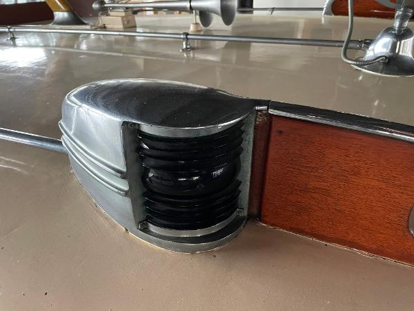 1951 Chris-Craft Catalina boat detail with chrome and wood accents.
