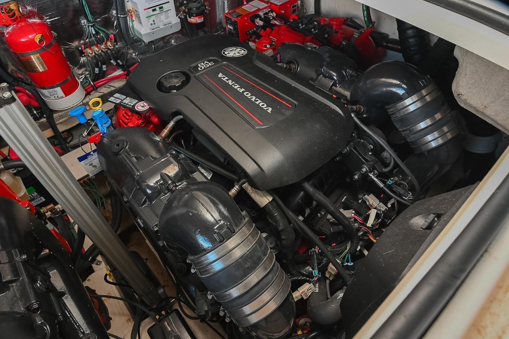 Engine compartment of a 2021 Regal 33 Express boat with Volvo Penta engine.