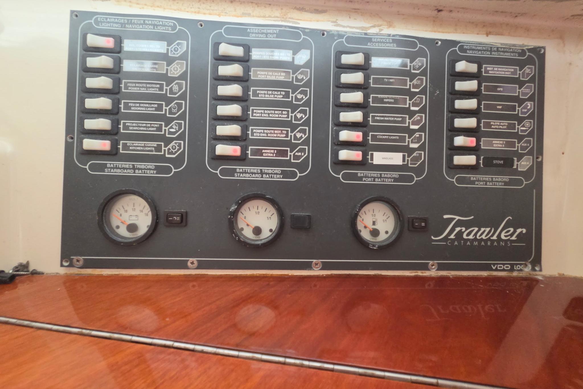Electrical control panel on a 2000 Fountaine Pajot Maryland 37 catamaran.