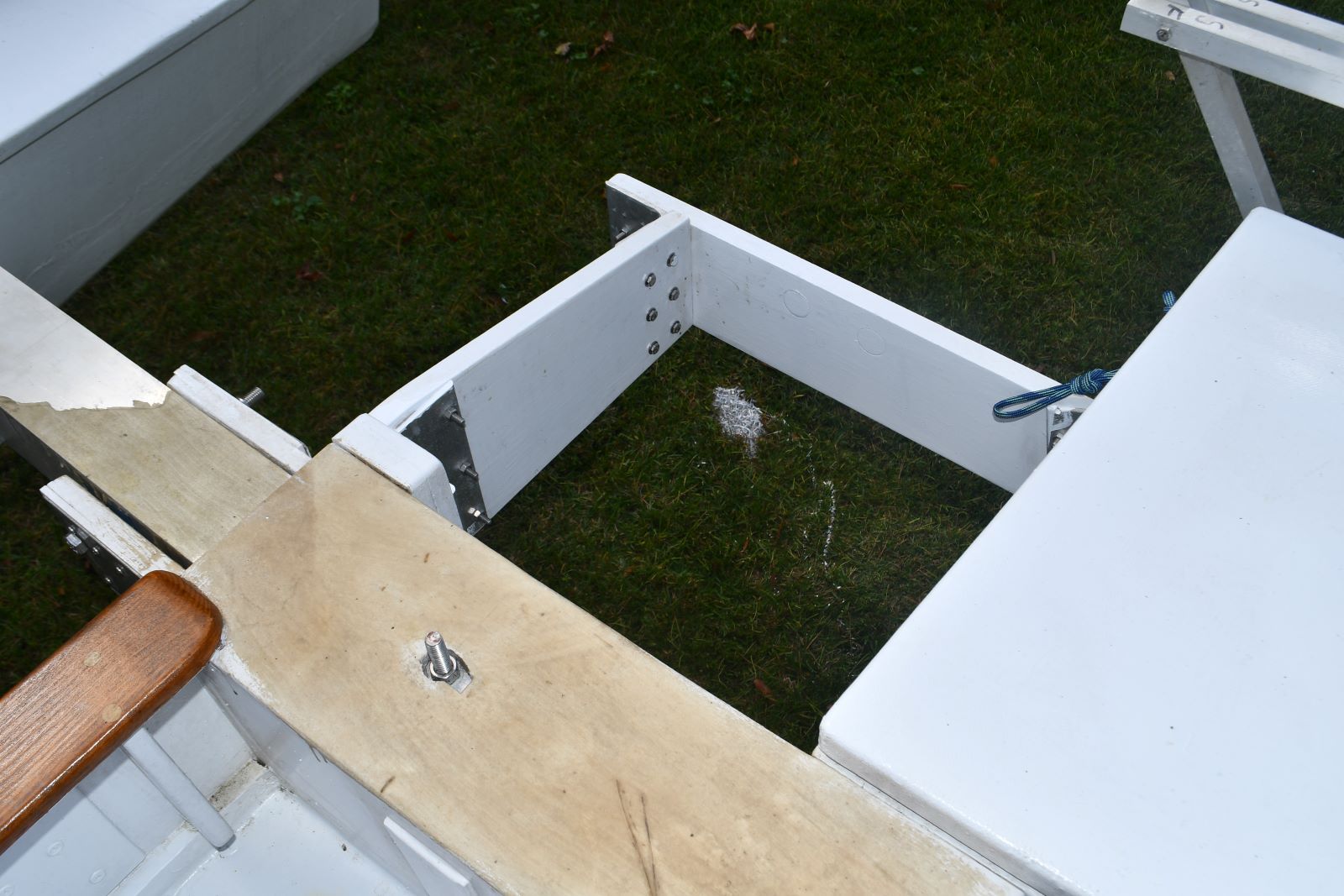 Custom Strike 18 boat, 2020, detailed view of white structure.