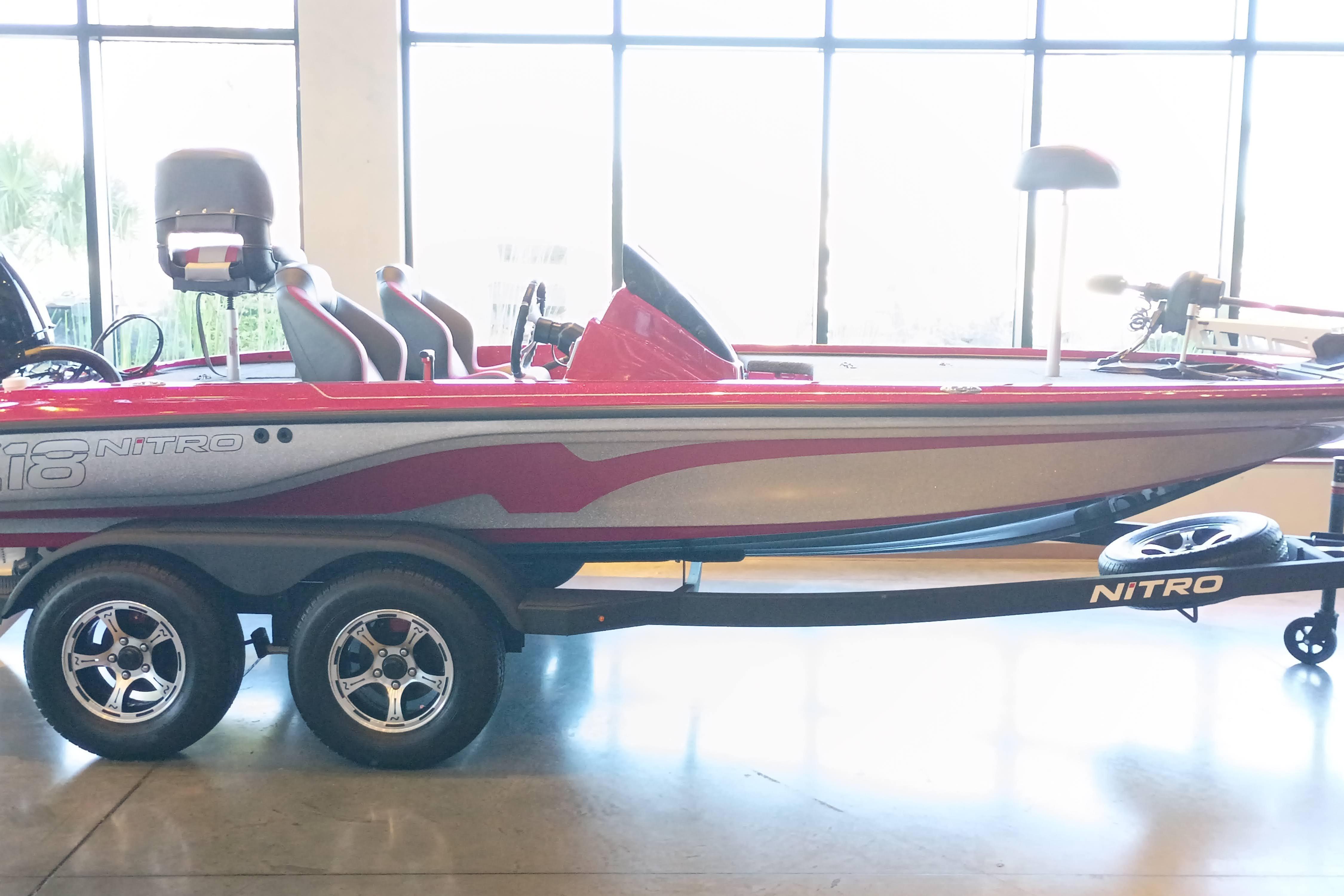 2025 Nitro Z18 Pro boat with sleek design on display indoors.
