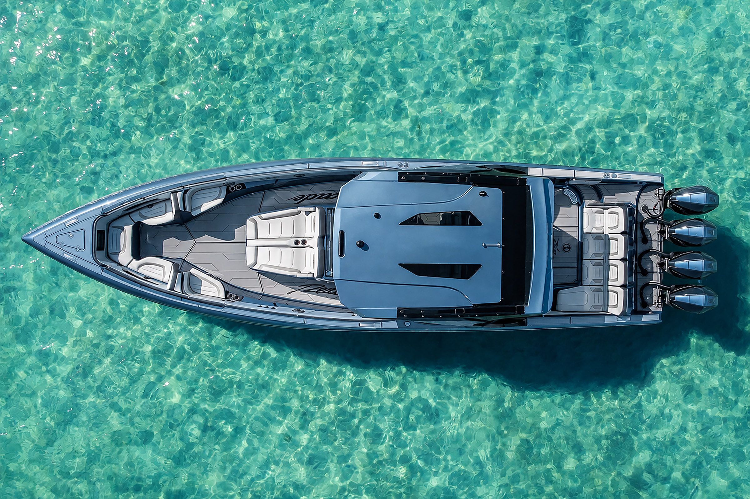 Aerial view of Renegade Open 42 boat on clear water.