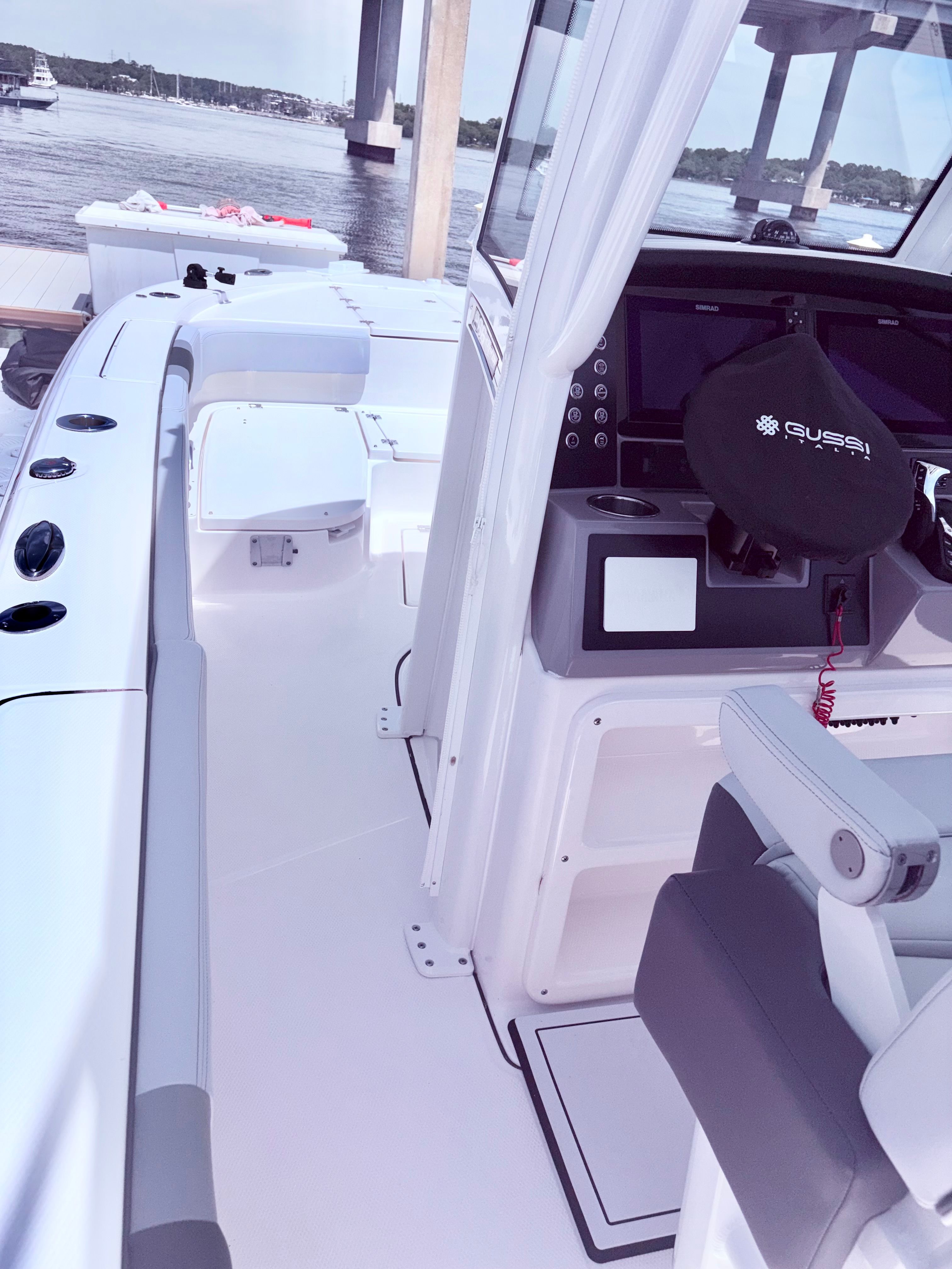 Interior view of 2025 Robalo 266 Cayman boat on water.