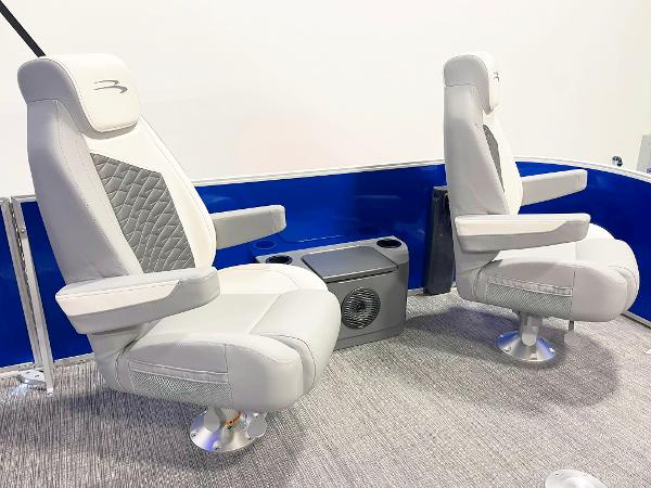 Luxury seating on 2025 Bennington 20S pontoon boat with blue accents.