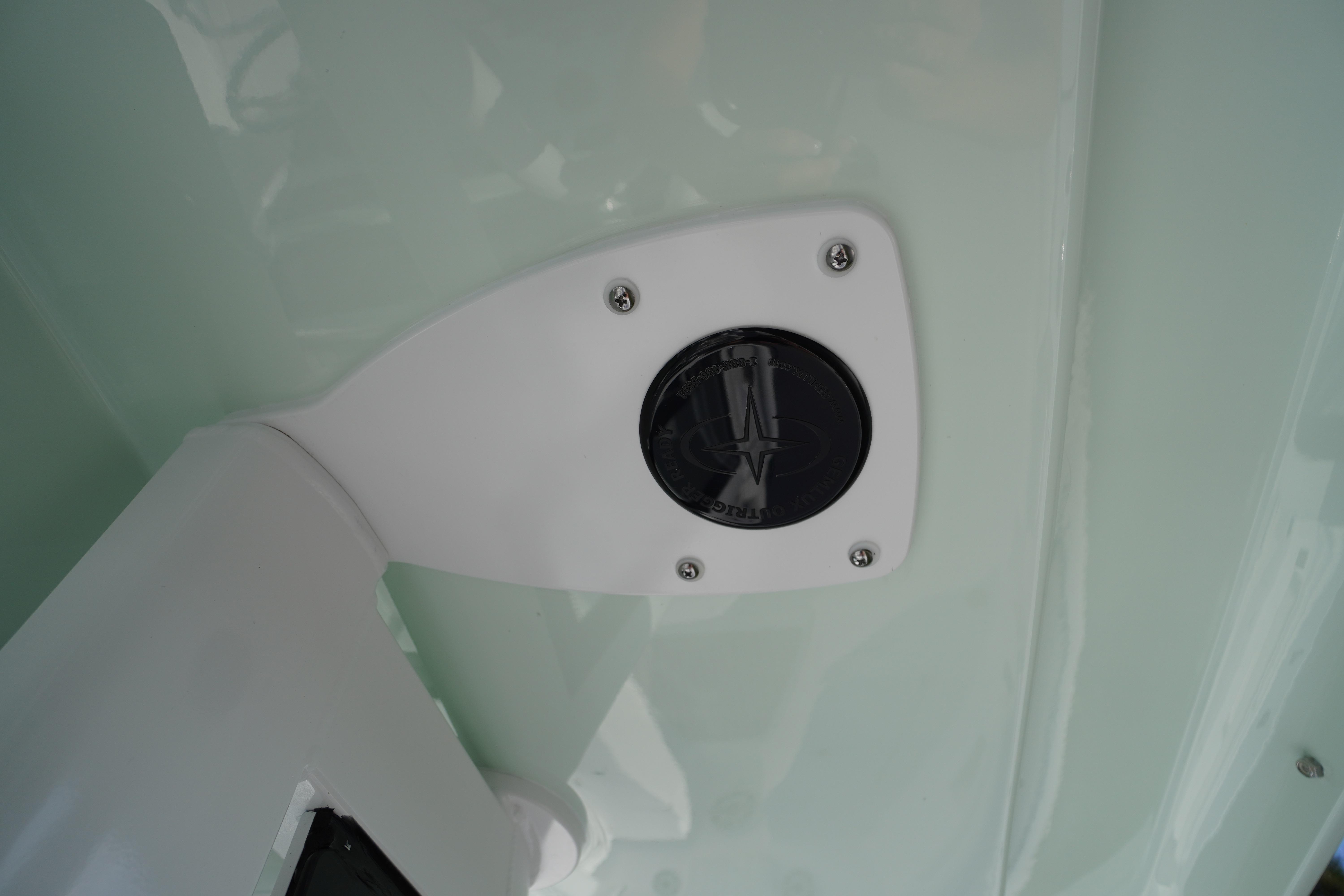 Close-up of 2026 Tidewater 272 LXF boat detail, featuring a mounted component.