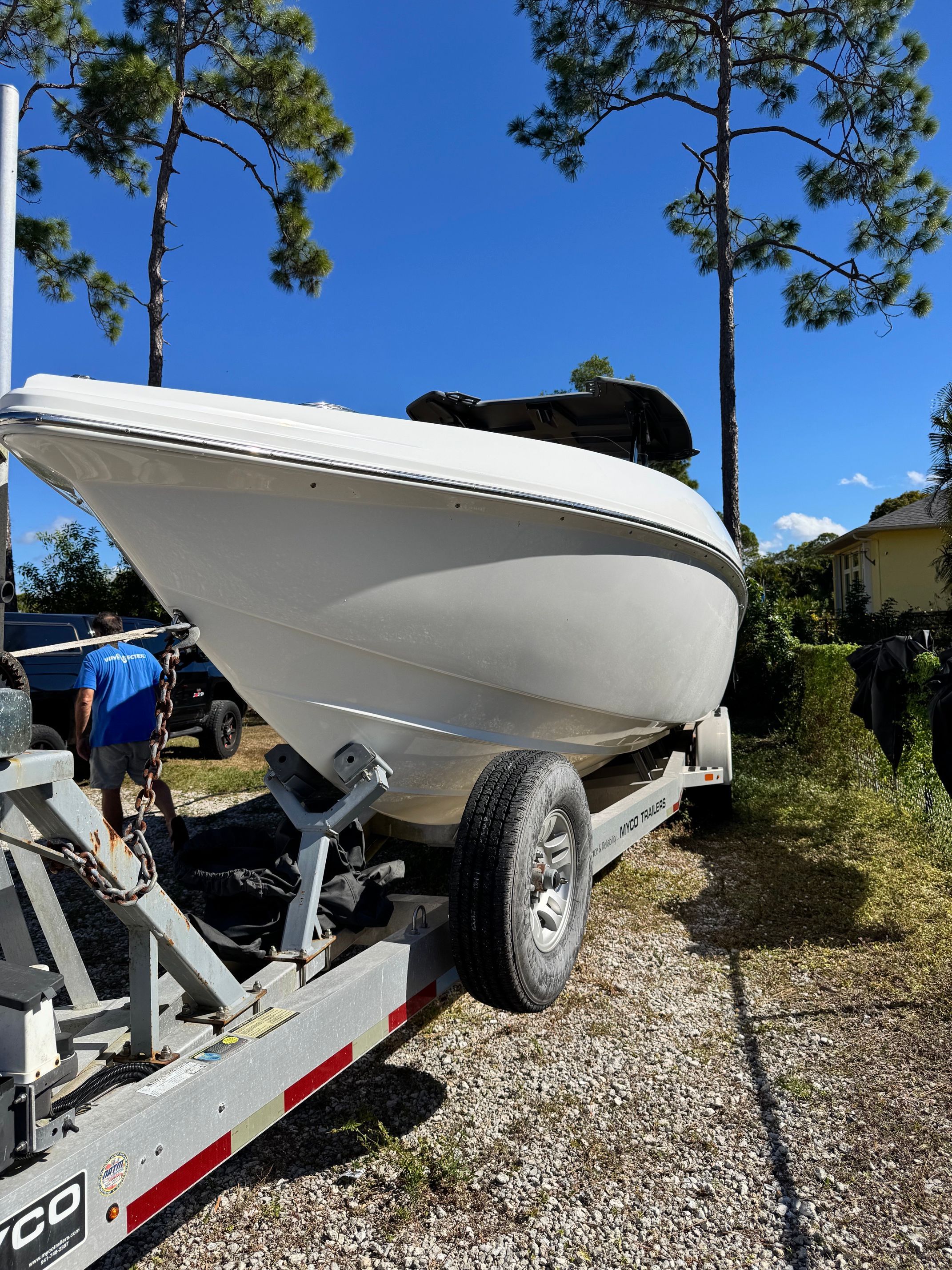 2017 Sunsation 32 CCX boat on trailer in sunny weather.
