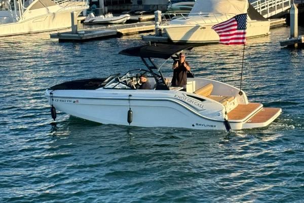 2024 Bayliner DX 2250 boat cruising in marina with American flag.