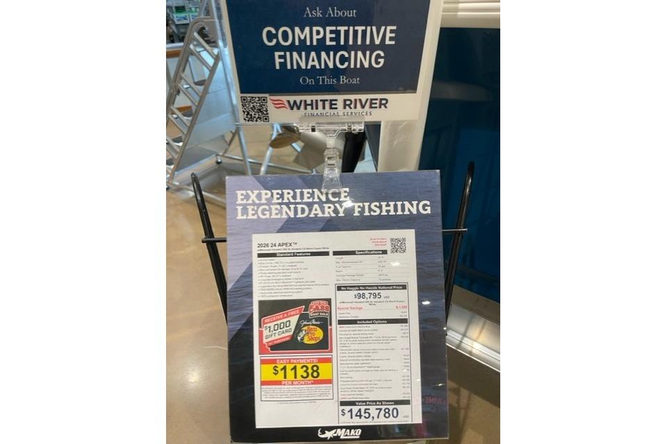 2026 Mako 24 APEX boat display with financing options and pricing details.