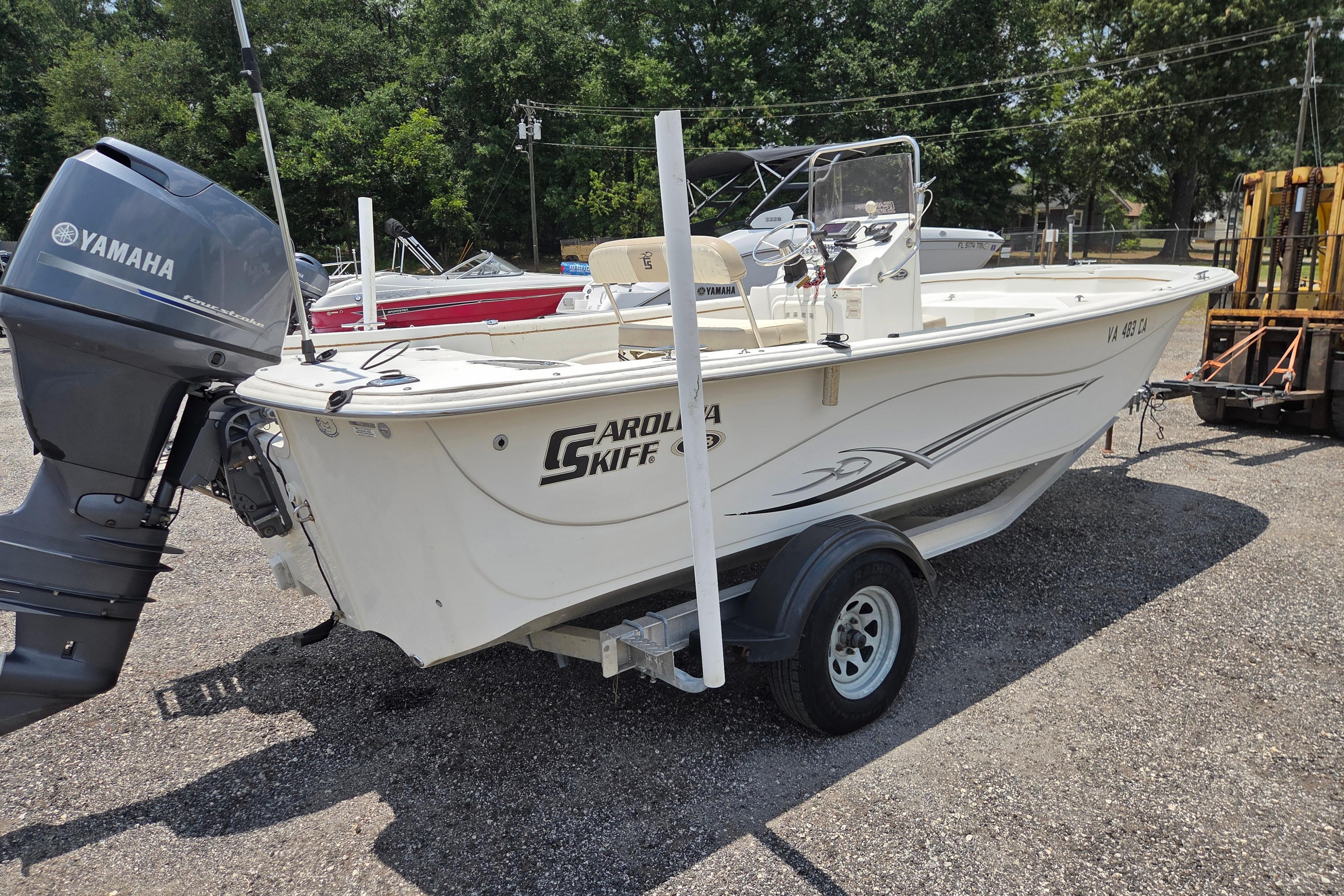 2016 Carolina Skiff 198 DLV boat with Yamaha motor on trailer.