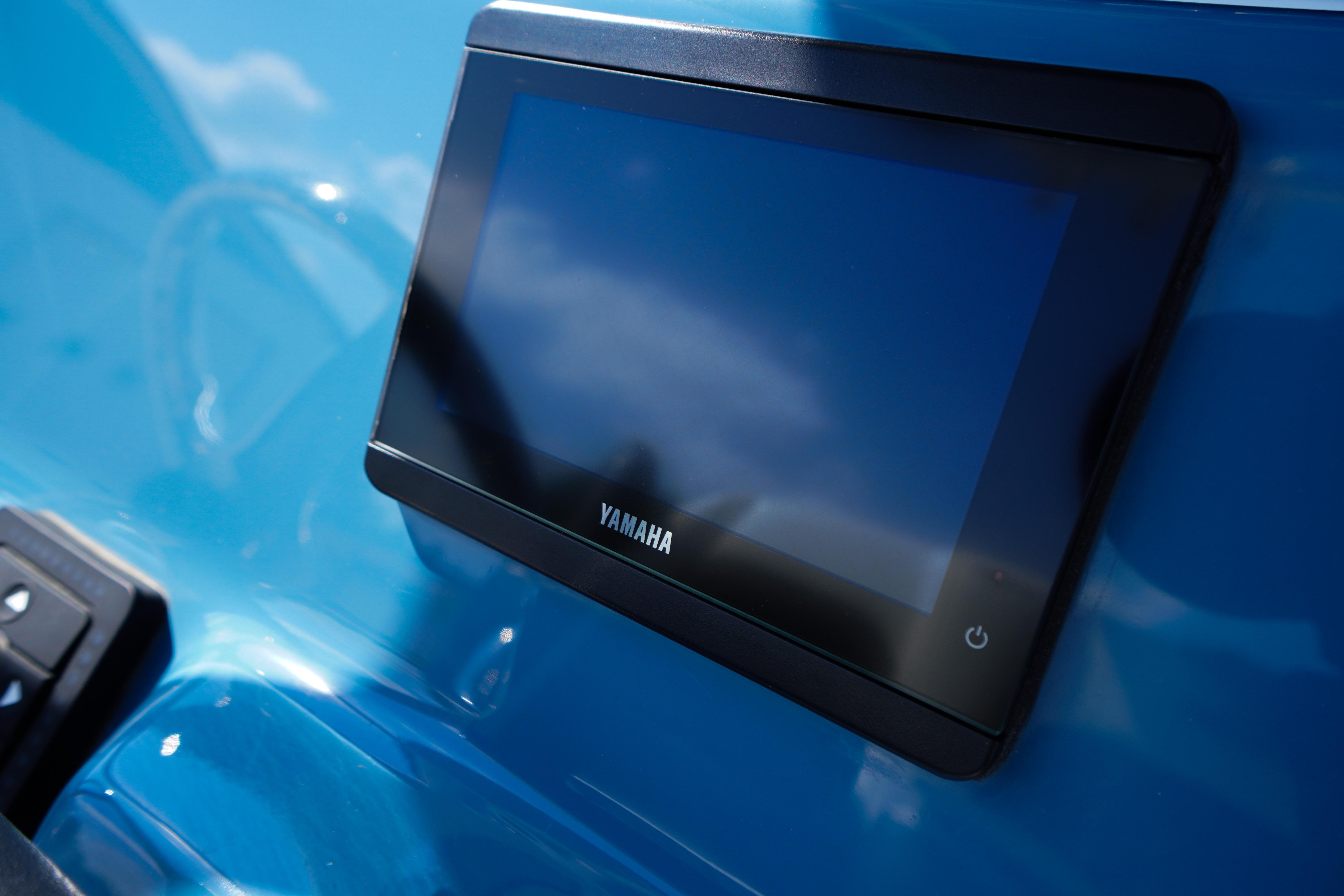 Yamaha display screen on 2025 Tidewater 232 SS boat dashboard.