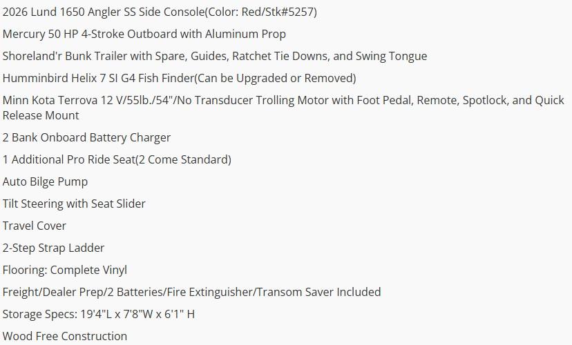 2026 Lund 1650 Angler SS boat features and specifications list.