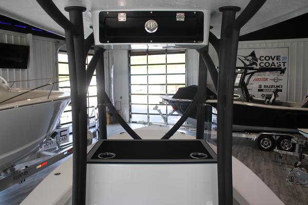 2025 East Cape 25 Open boat interior in showroom with modern design features.