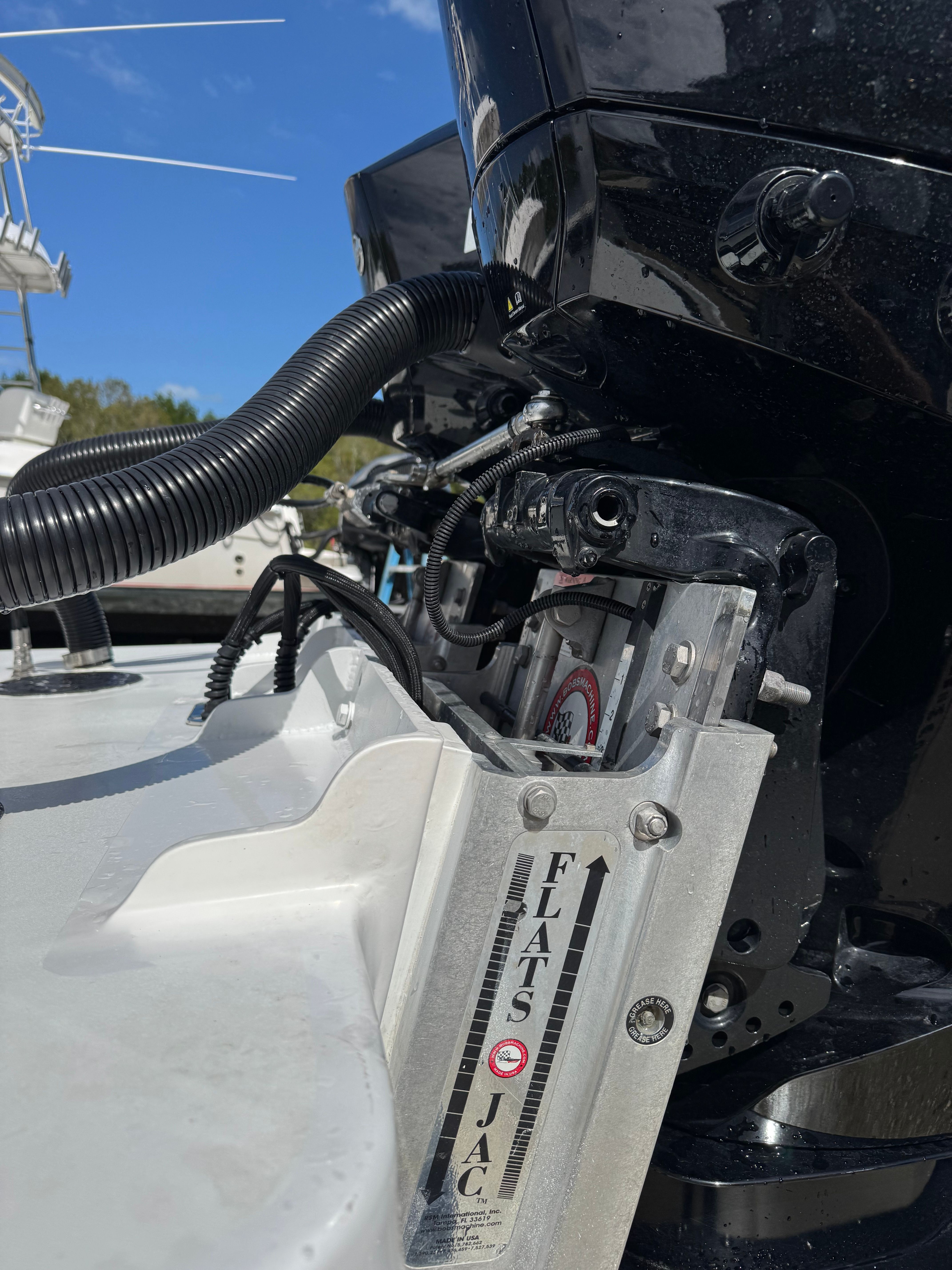 Close-up of 2024 Latitude Tournament Boats 25' CC engine.