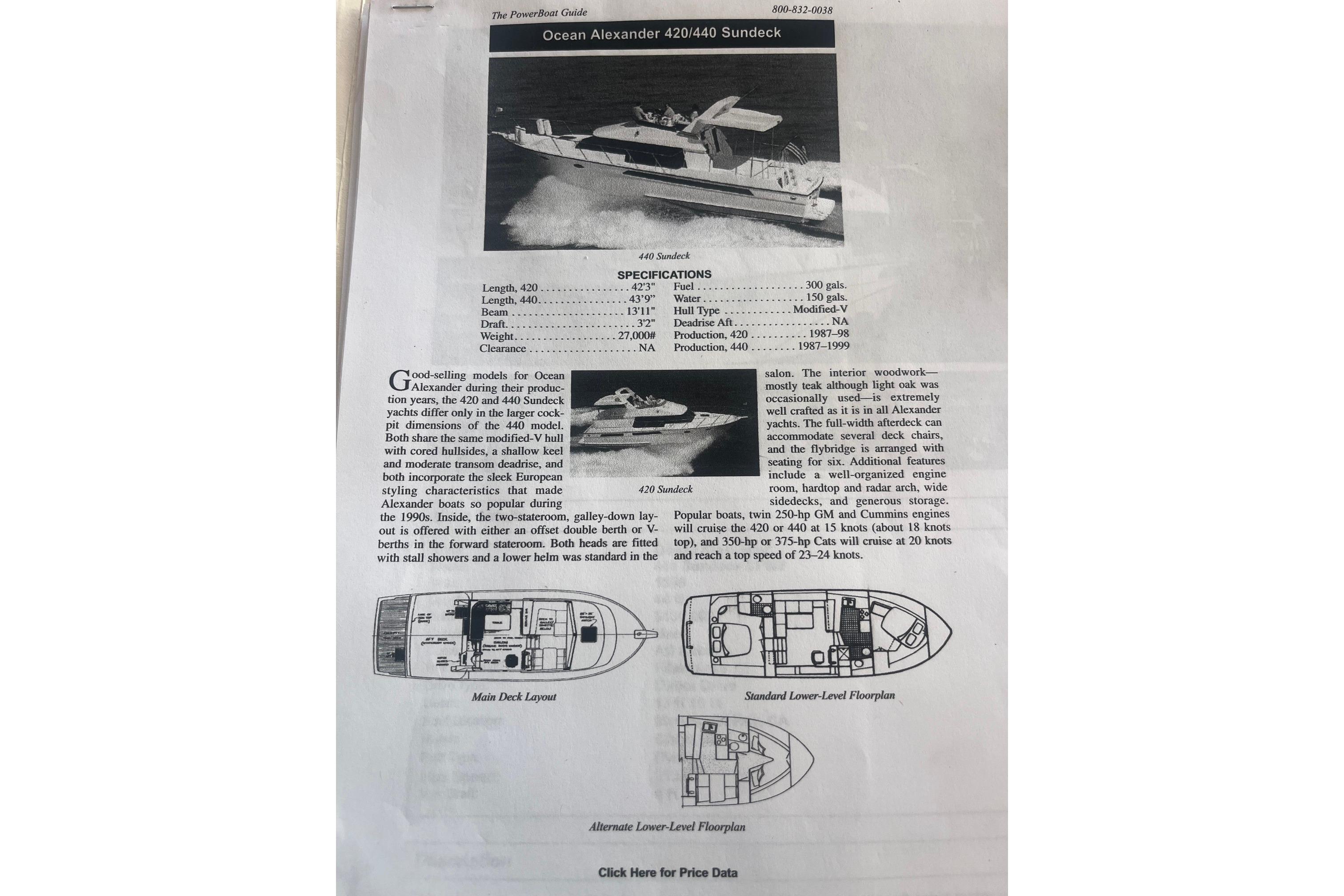 Ocean Alexander 440 Sundeck CPMY 1989 brochure with specifications and layout diagrams.