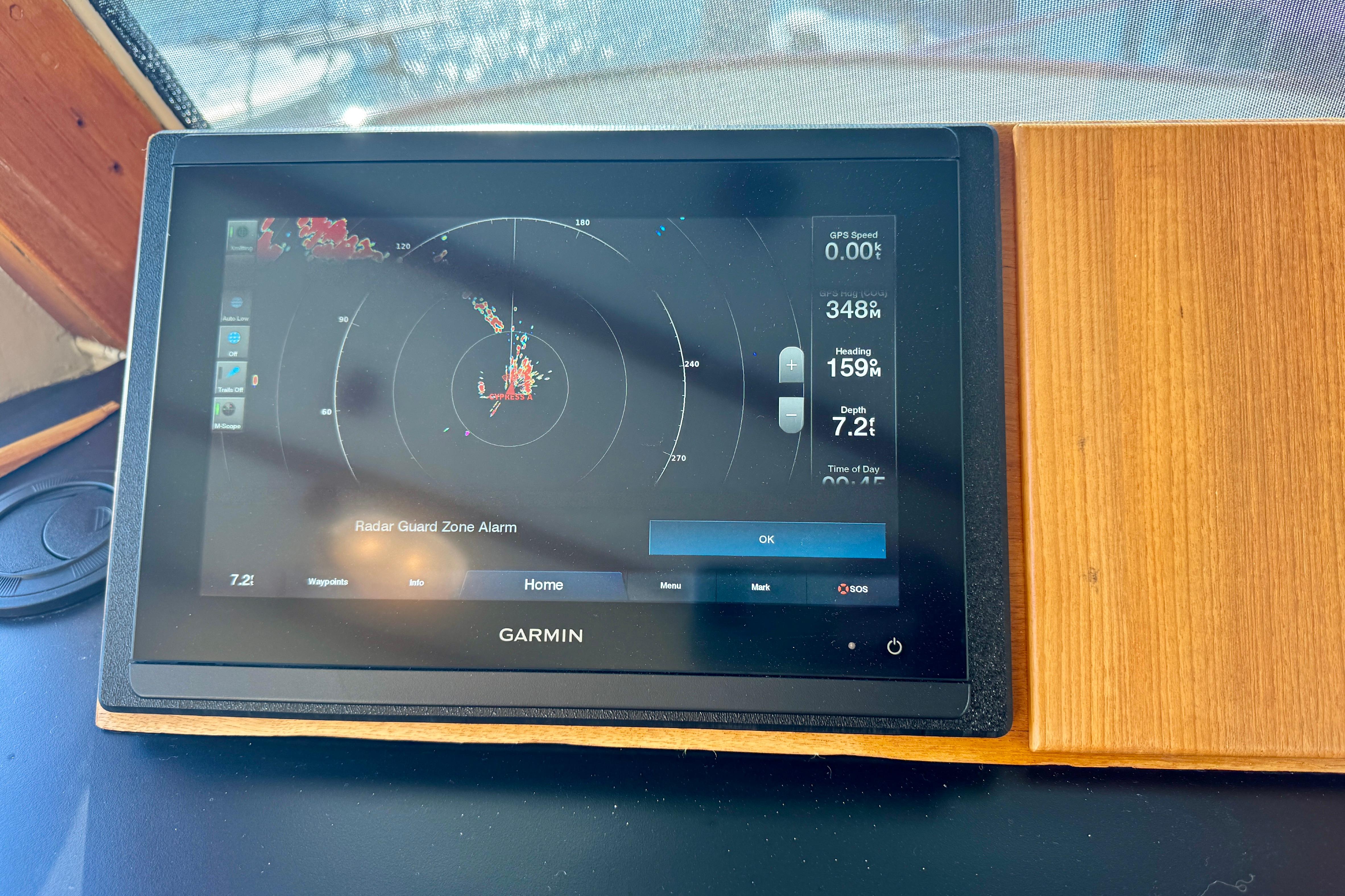 Garmin radar display on 1958 Blanchard Pilothouse, showing navigation and depth information.