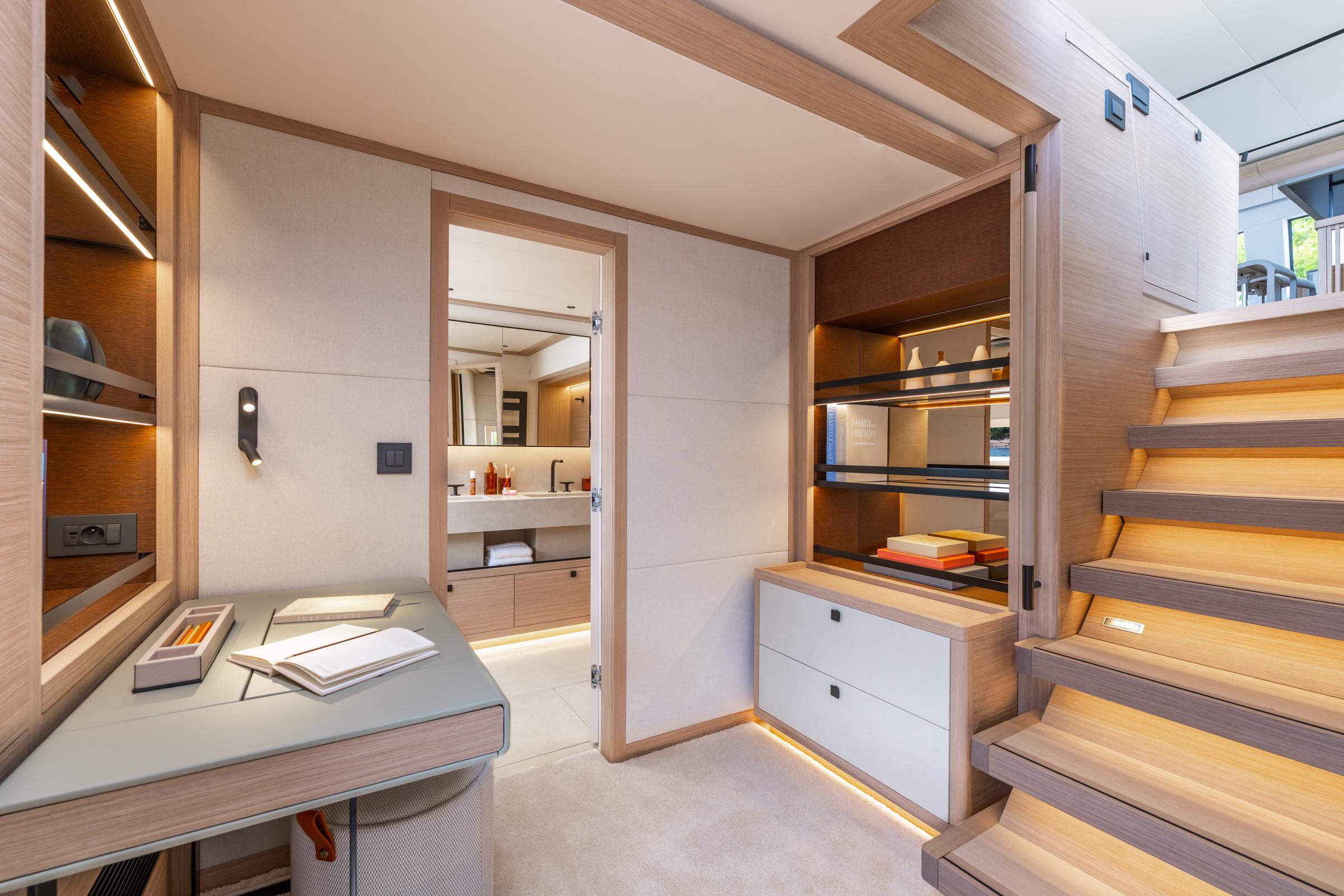 Luxurious interior of 2025 Lagoon Eighty 2 yacht with modern design and elegant furnishings.