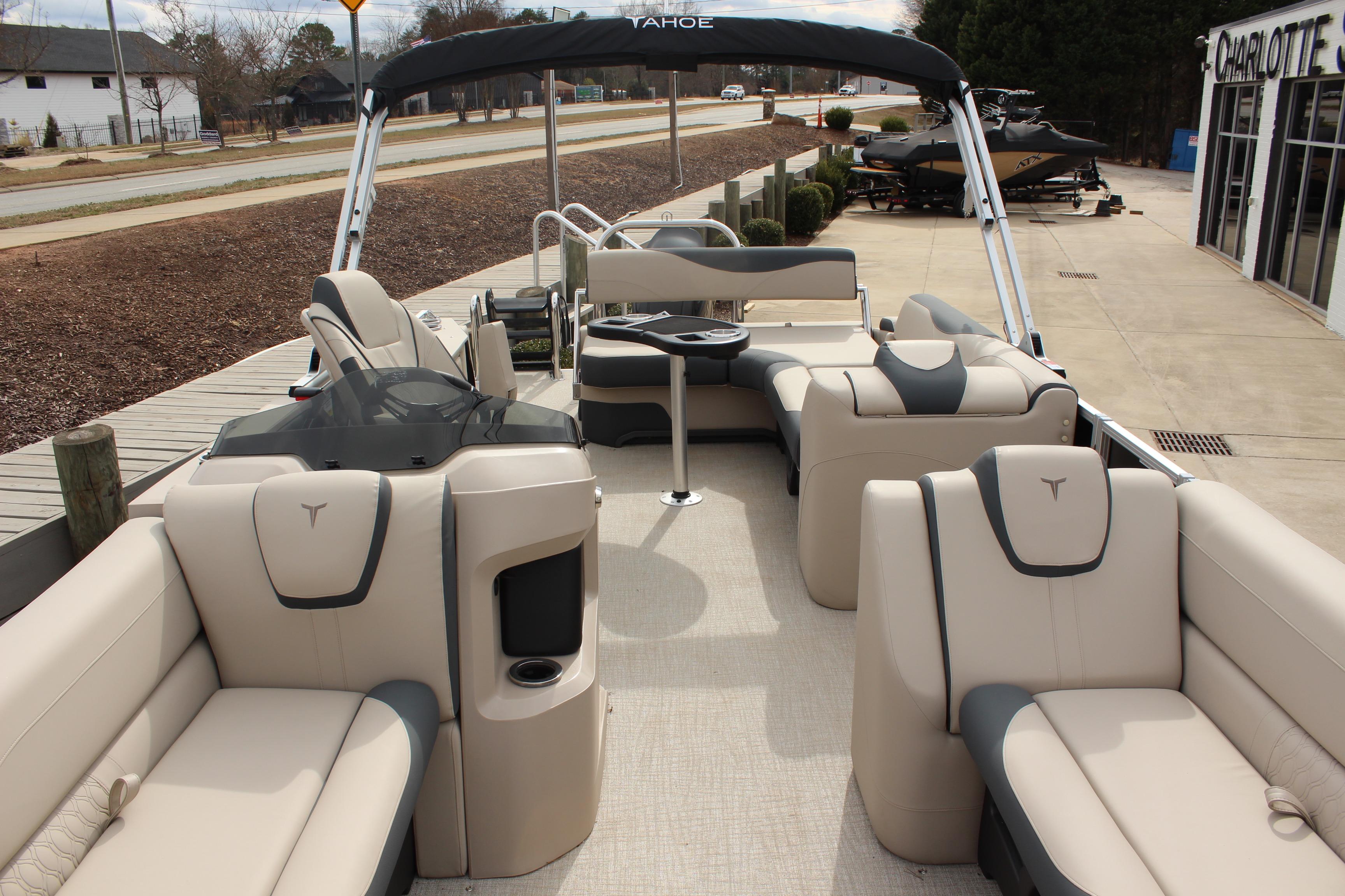 2026 Tahoe Pontoon LTZ boat interior with luxurious seating and modern design.