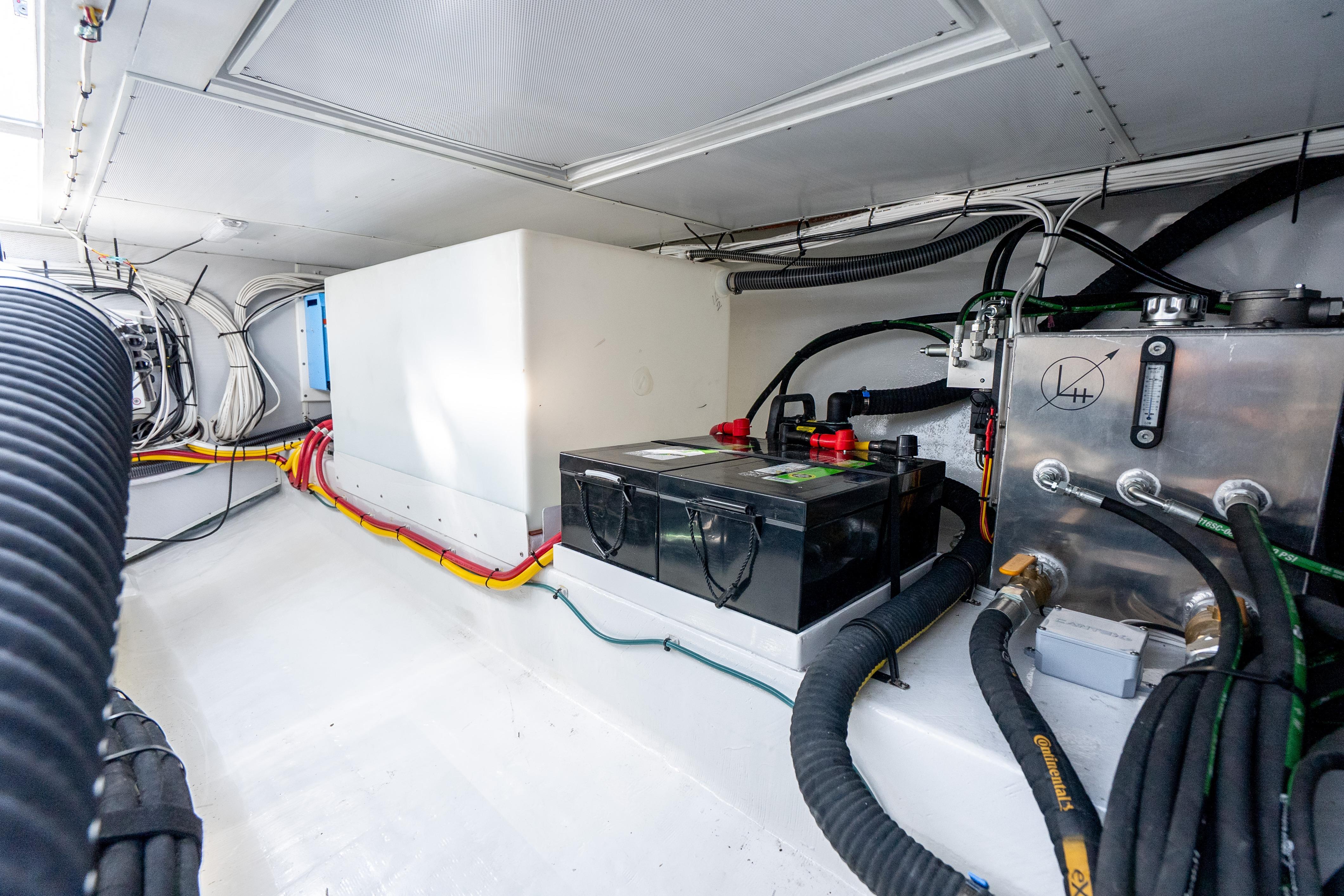 Engine room of 2025 Mussel Ridge 42 boat with batteries and wiring.