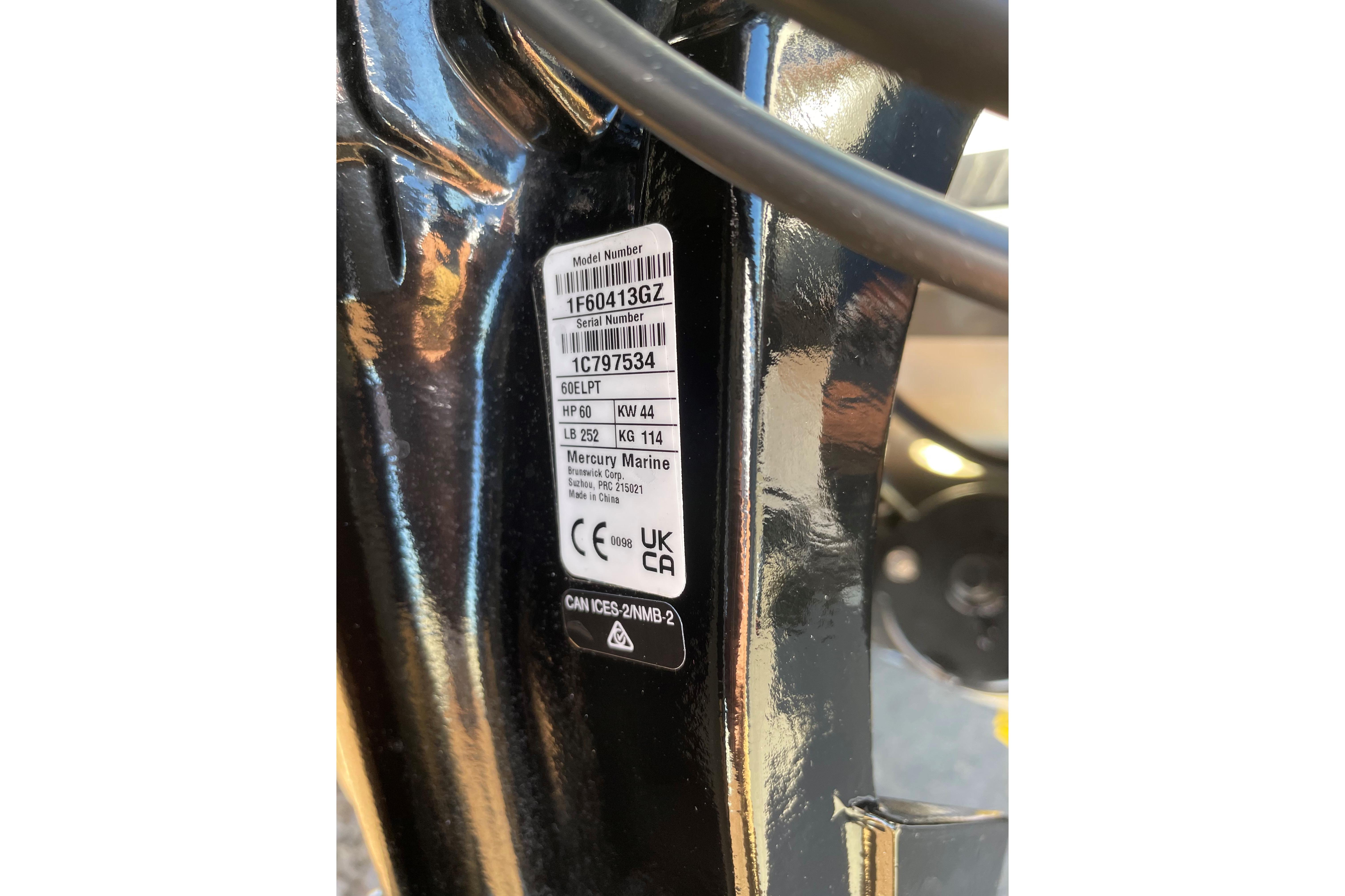 Label on 2025 Mako Pro Skiff 15 CC, displaying model and serial numbers.