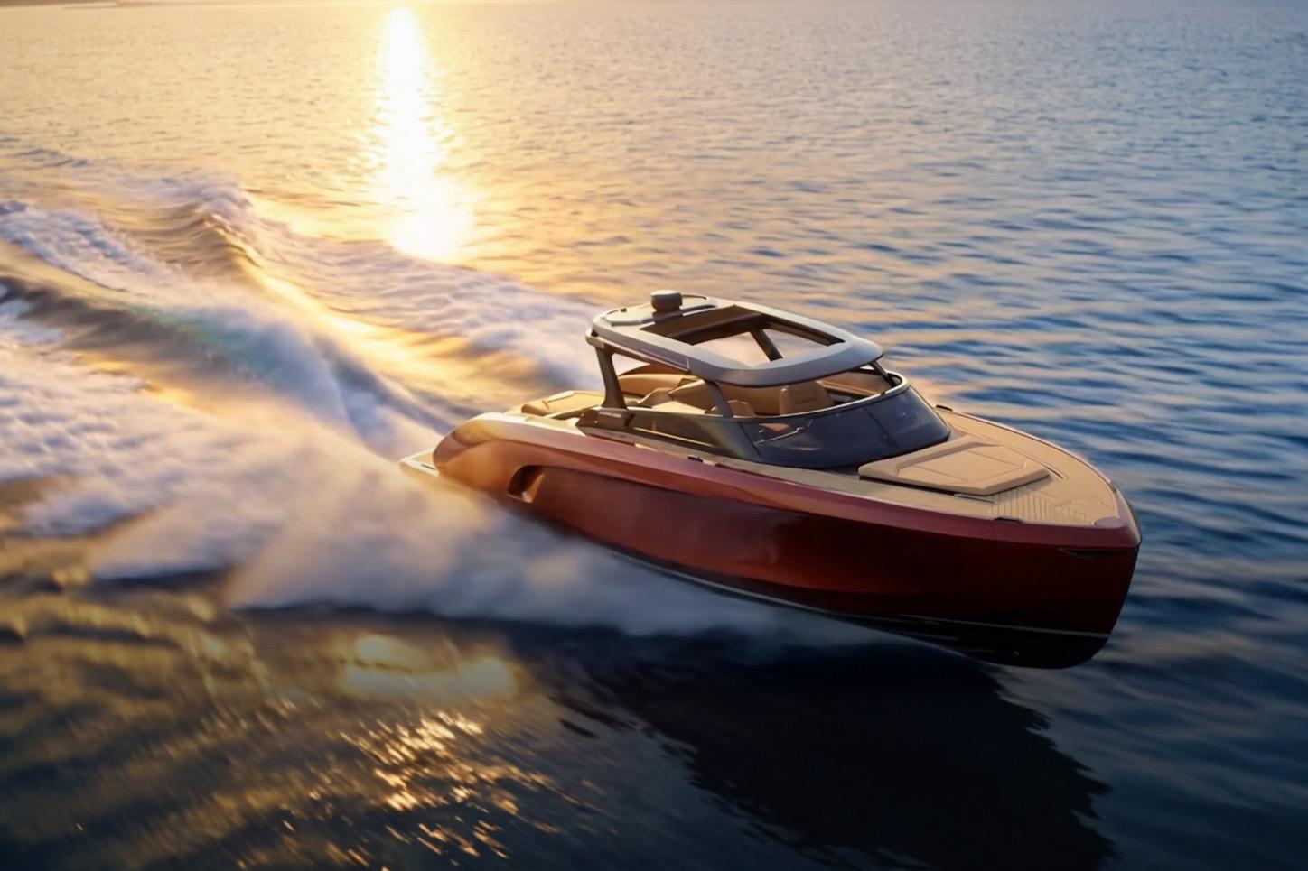 Luxury Flynt Yachts Revolante 48 cruising at sunset, 2026 model.