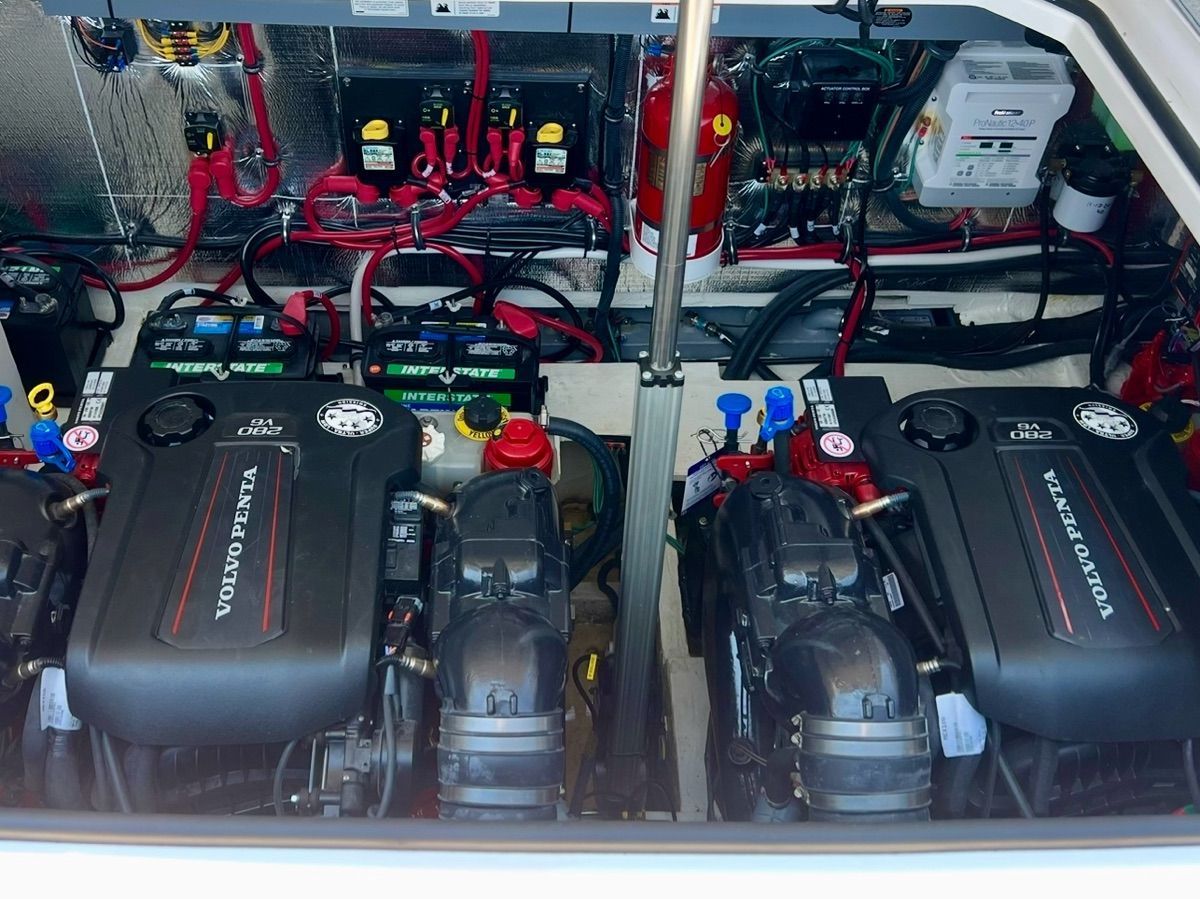 Engine room of a Regal 33 Express with Volvo Penta engines.