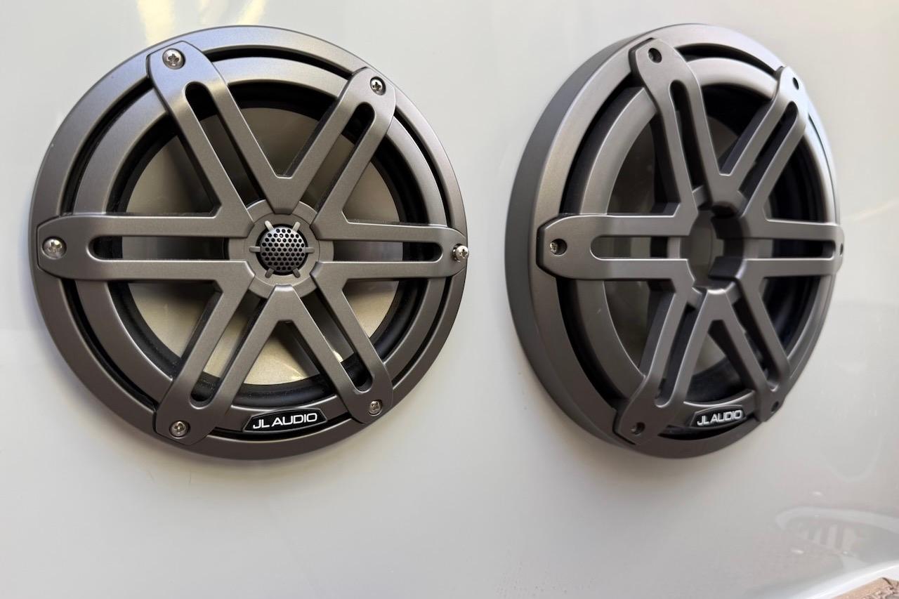 JL Audio speakers on a 2024 Saxdor 320 GTC boat, showcasing sleek design.