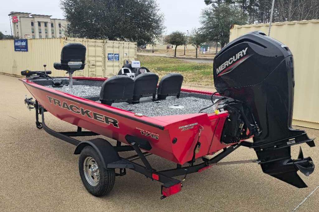 2026 Tracker Pro Team 175 Crappie Edition boat with Mercury engine, red exterior.