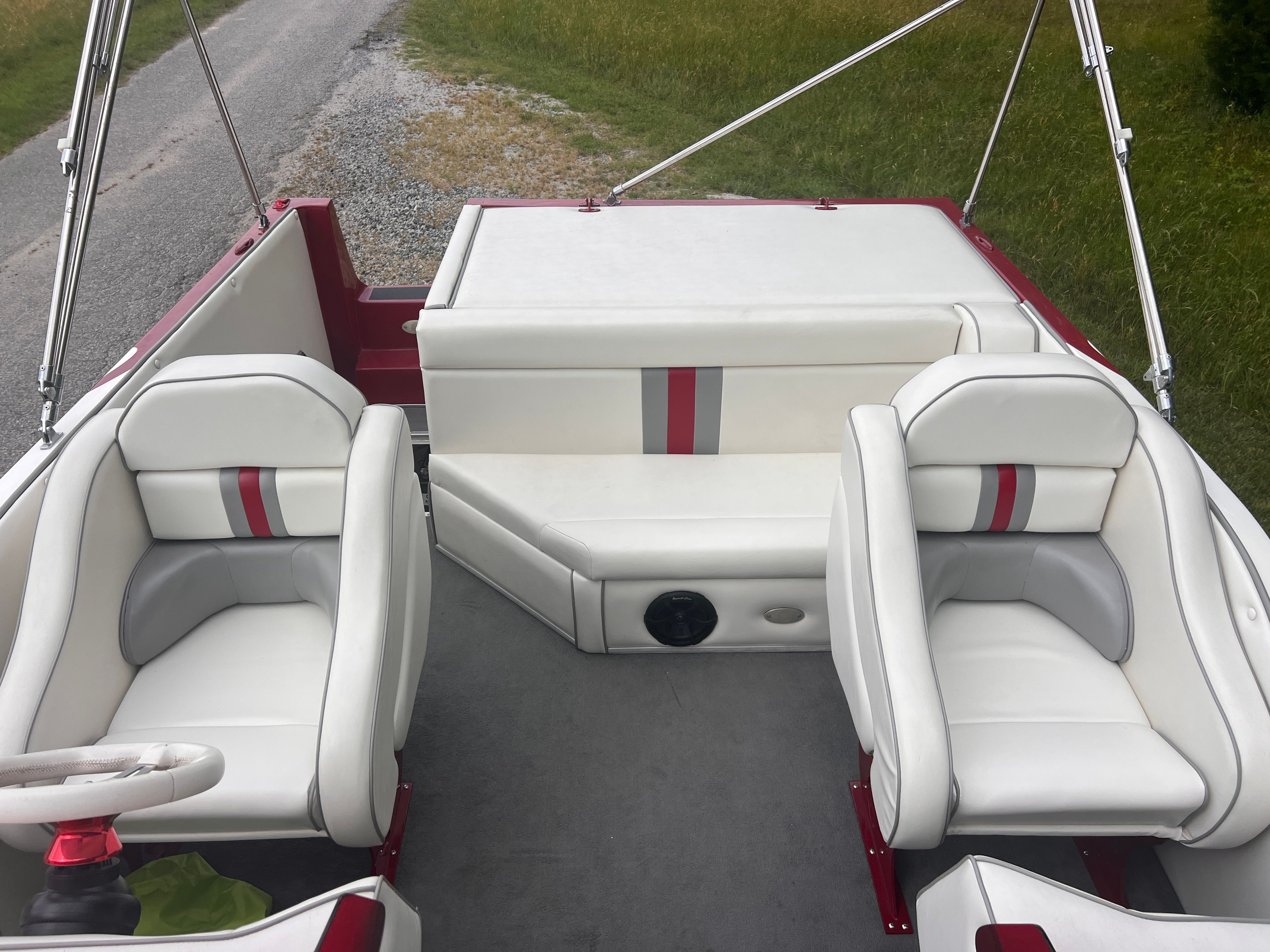 Interior of a 2008 Cheetah Fastcat with white and red seating.