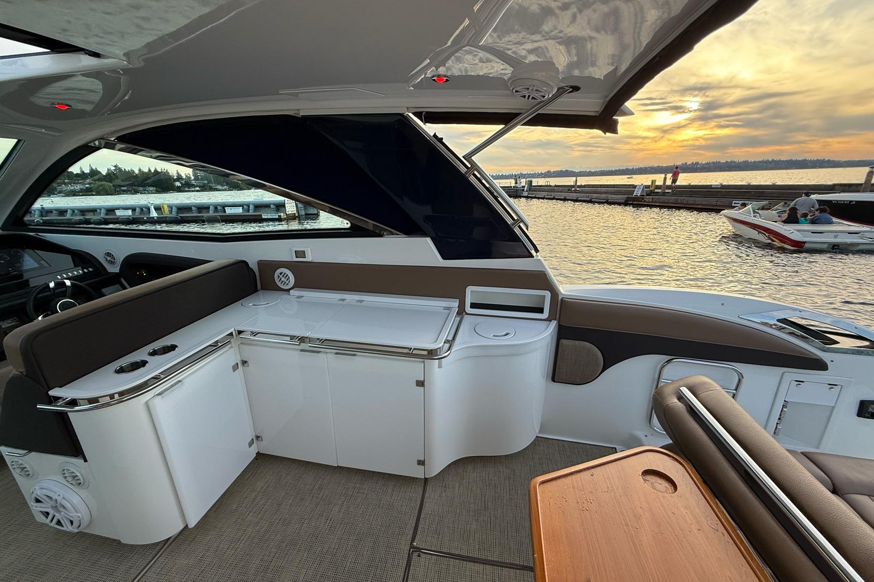 2017 Cobalt A40 Coupe interior with sunset view over the water.