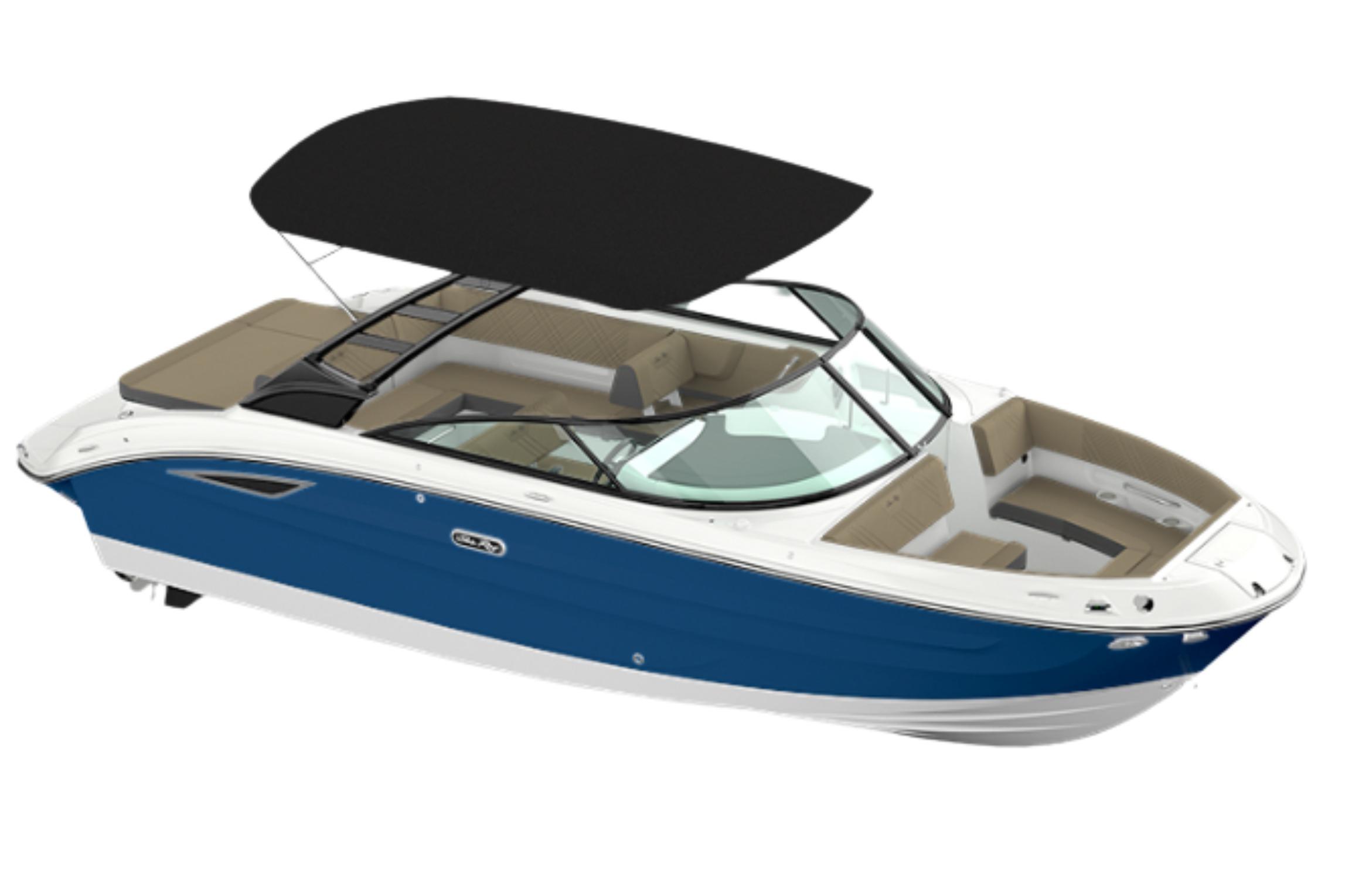 2026 Sea Ray SDX 250 boat with blue hull and black canopy.