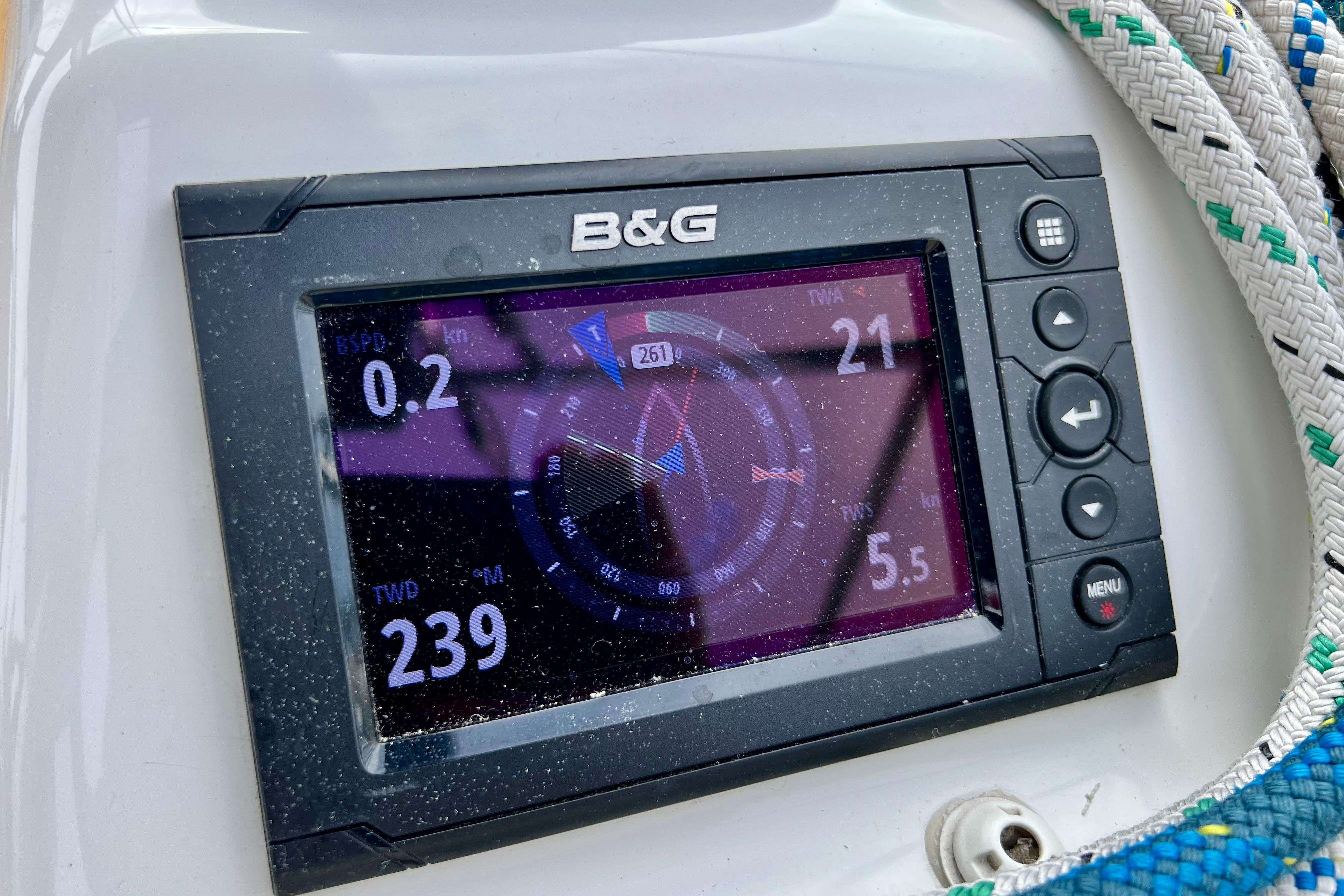B&G navigation display on 2016 Hanse 455 yacht, showing speed and wind data.